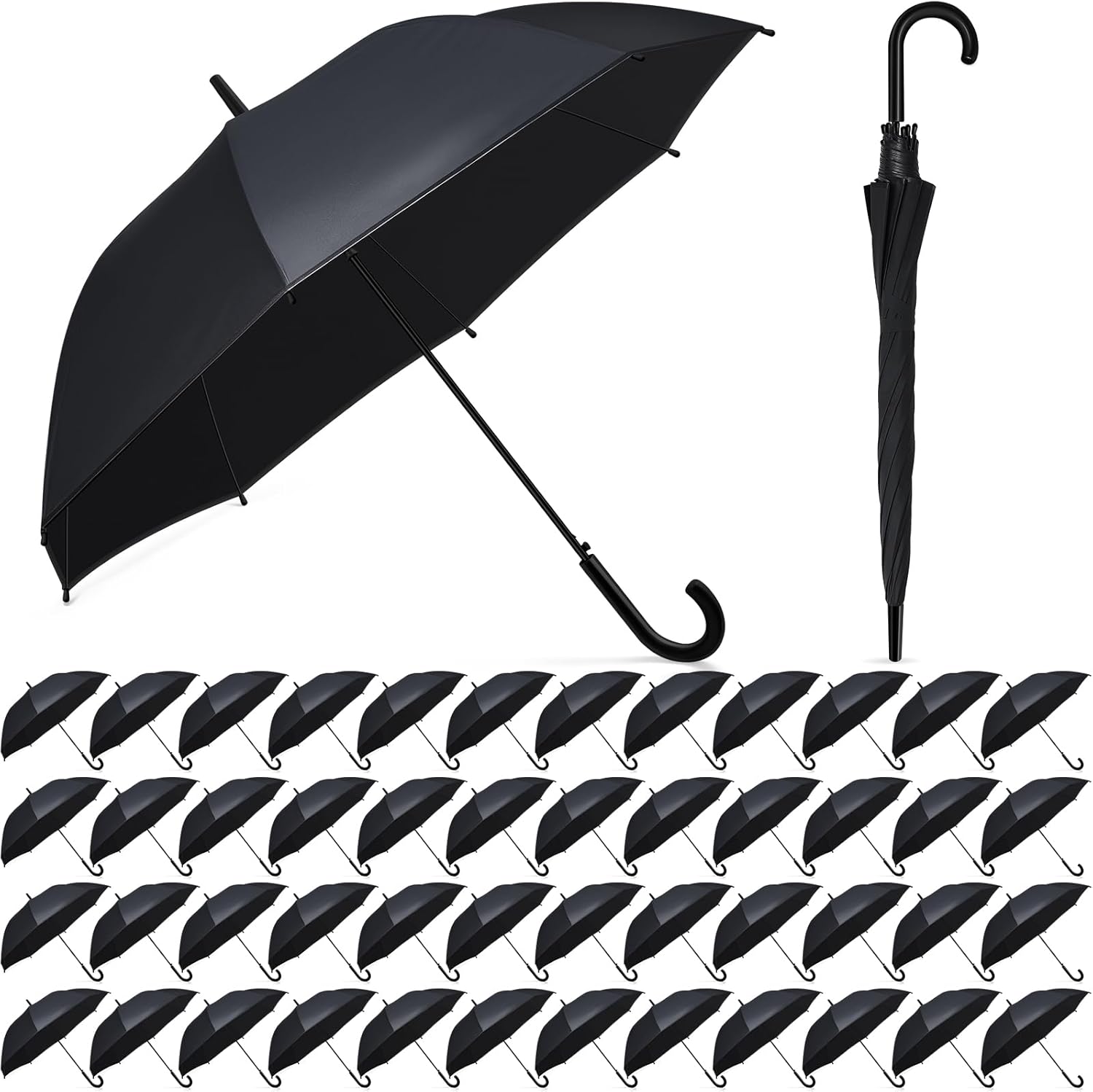 Reginary Black Umbrella Bulk Wedding Stick Umbrellas Large Canopy Windproof Rain Auto Open J Hook Handle for Adult