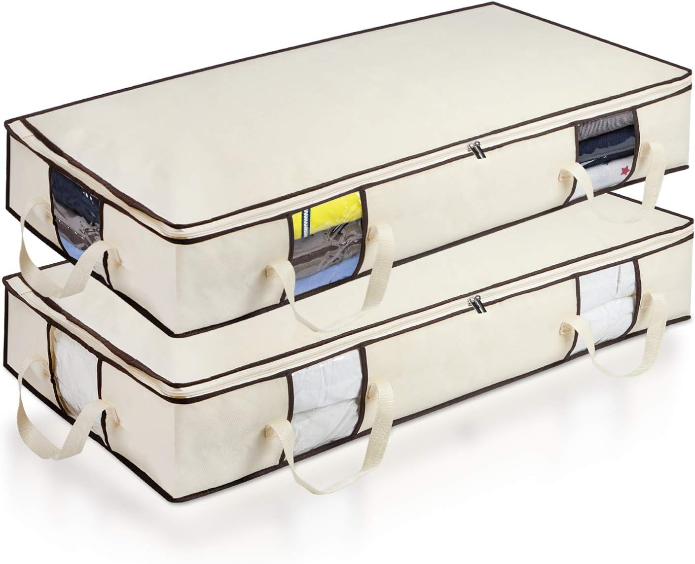 Zilink Underbed Storage Bag (Set of 2) Breathable Zippered Storage Bags with See-Through Window, Anti-Mold for Comforter, Linens, Clothes, Quilt, Blanket Organizers-Beige