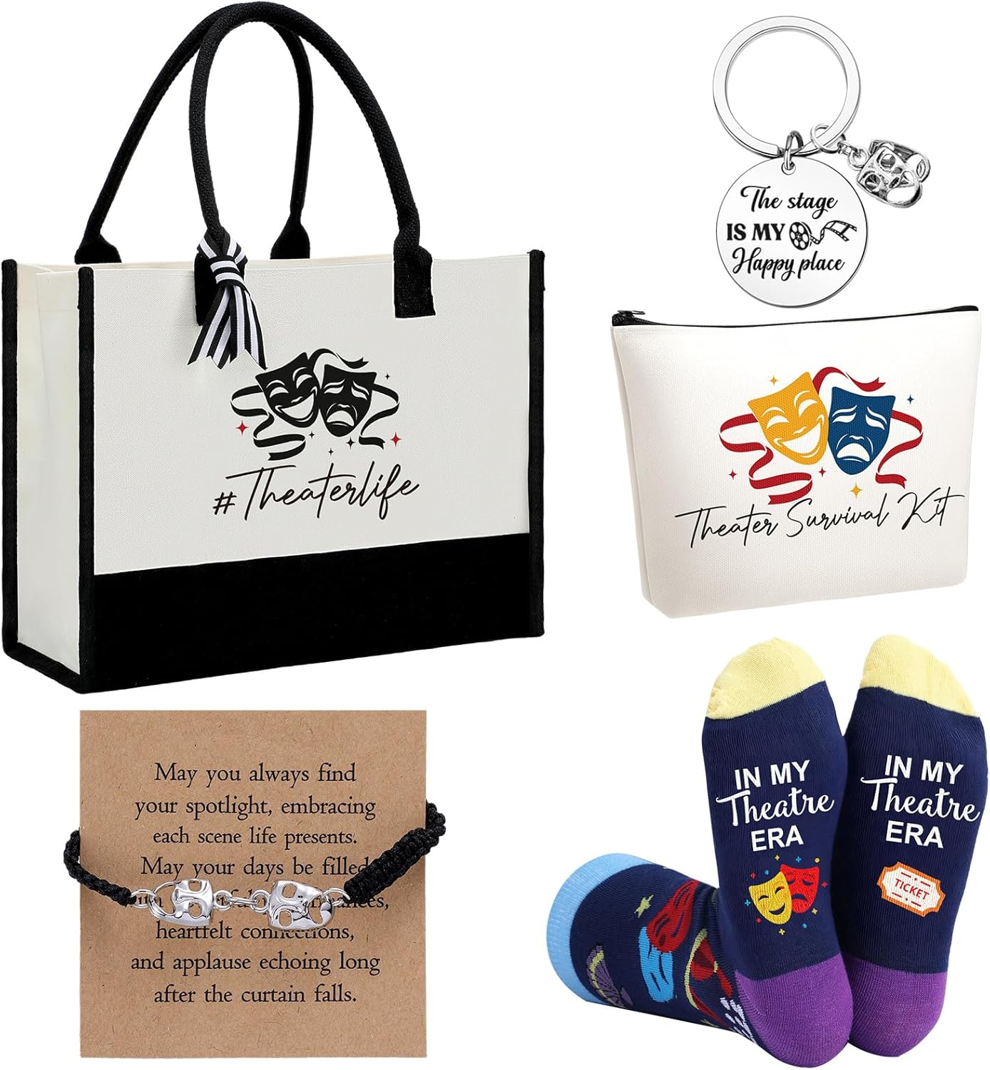 Mimorou 6 Pcs Theater Gifts Set for Women Drama Lover Gifts with Trapezoid Canvas Tote Cosmetic Bag Novelty Socks Keychain Bracelet Card for Theater Broadway Lover Musical Actor Graduation Gift