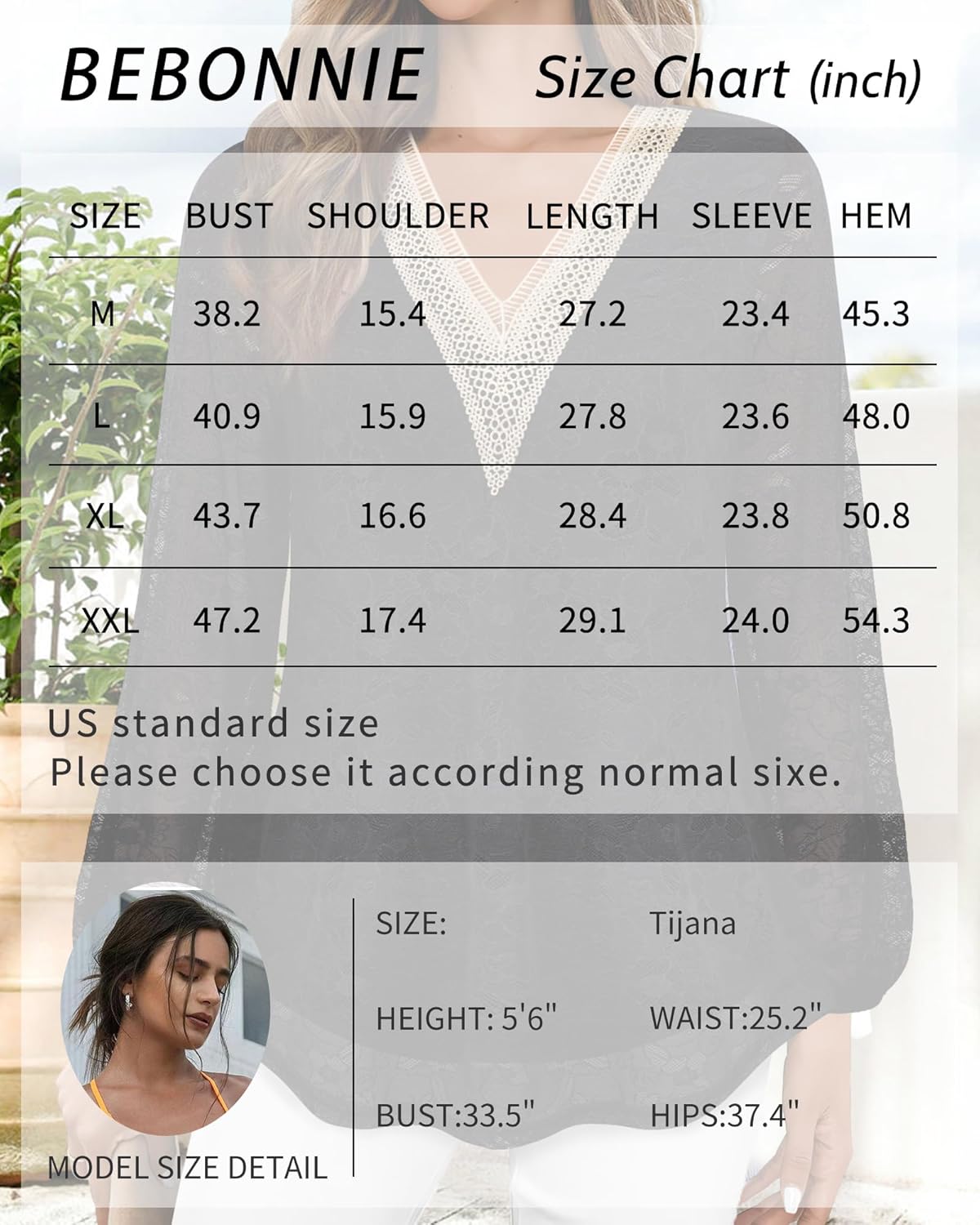 Bebonnie Women's Casual Long Sleeve Lace V Neck Double Layers Mesh Tunic Tops - Image 5