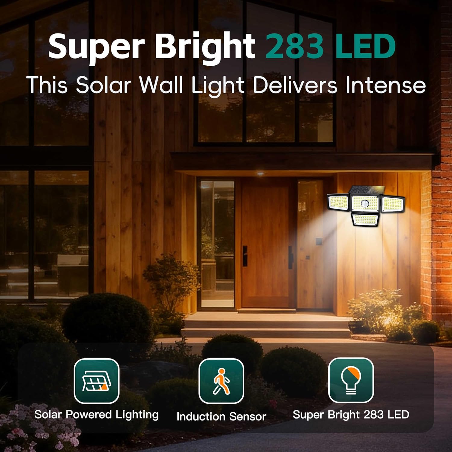 Solar Outdoor Motion Sensor Light, 4-Head 283 LED Solar Flood Light 3000LM 6500K, IP65 Waterproof Security Wall Lamp with Wide 270° Lighting Angle, Solar Powered Motion Sensor Lights(4Pack)