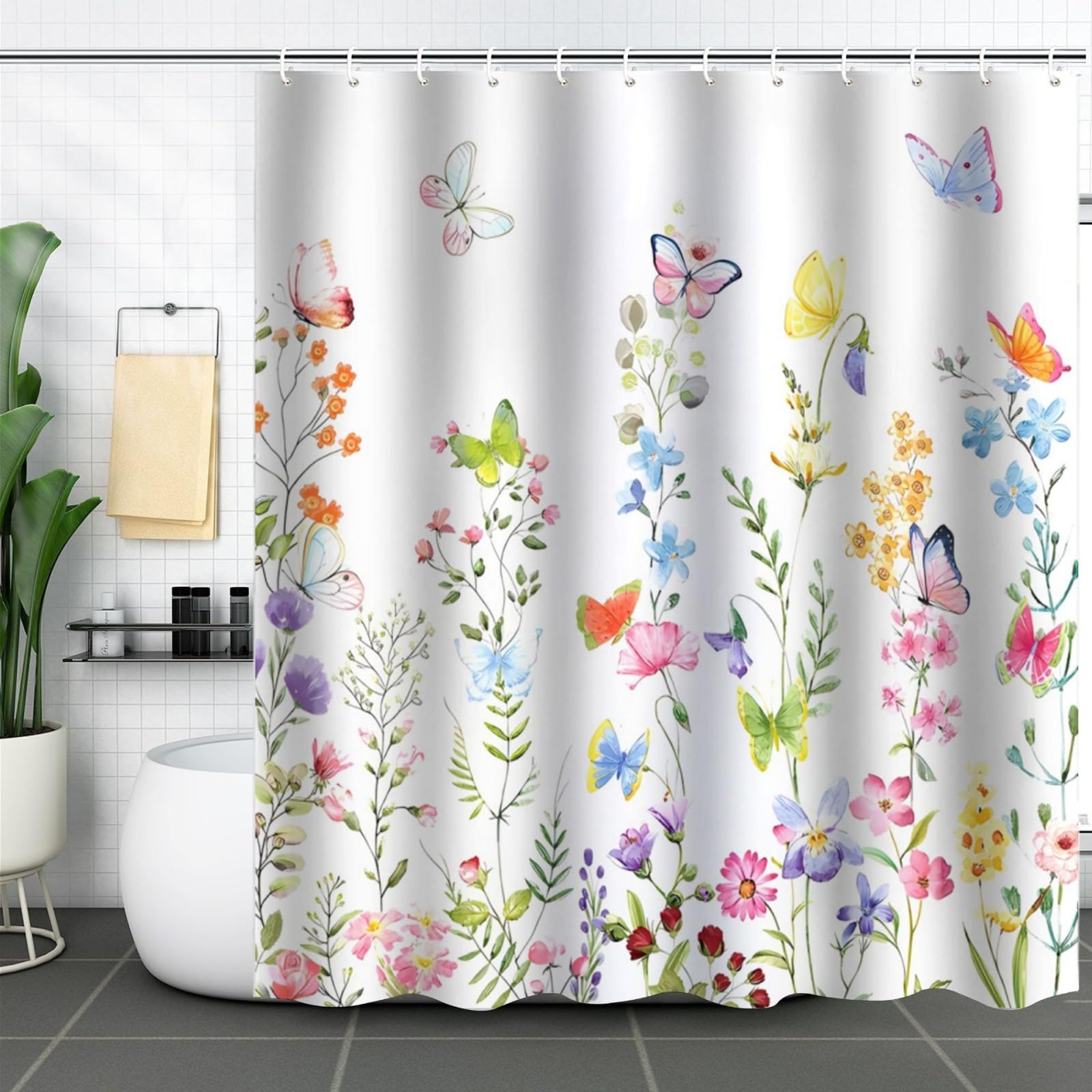 Shower Curtains Butterfly Green Pink Wet Room Shower Curtain Mould Proof Resistant Waterproof Polyster Fabric Washable with 12 Hooks Garden Bathroom Curtains (180x200cm)