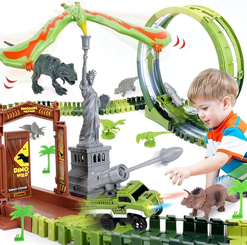 Miniatura 1 de Pista de carreras de juguetes de dinosaurio, pistas de tren flexibles de dinosaurio con equilibrio de dinosaurio pterosaurio, pista de bucle de 360