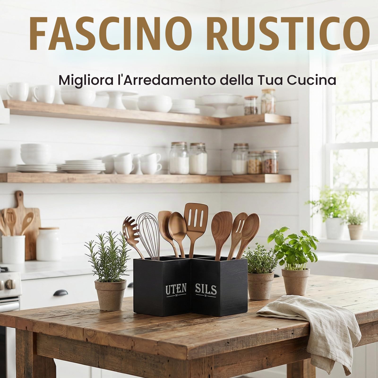 Porta Utensili da Cucina Extra Large, 24x24x16cm, Portaposate in Legno, Portautensili con 3 Scomparti, Organizer Angolare, Porta Posate Mestoli per 30-40 Utensili, Piano di Lavoro