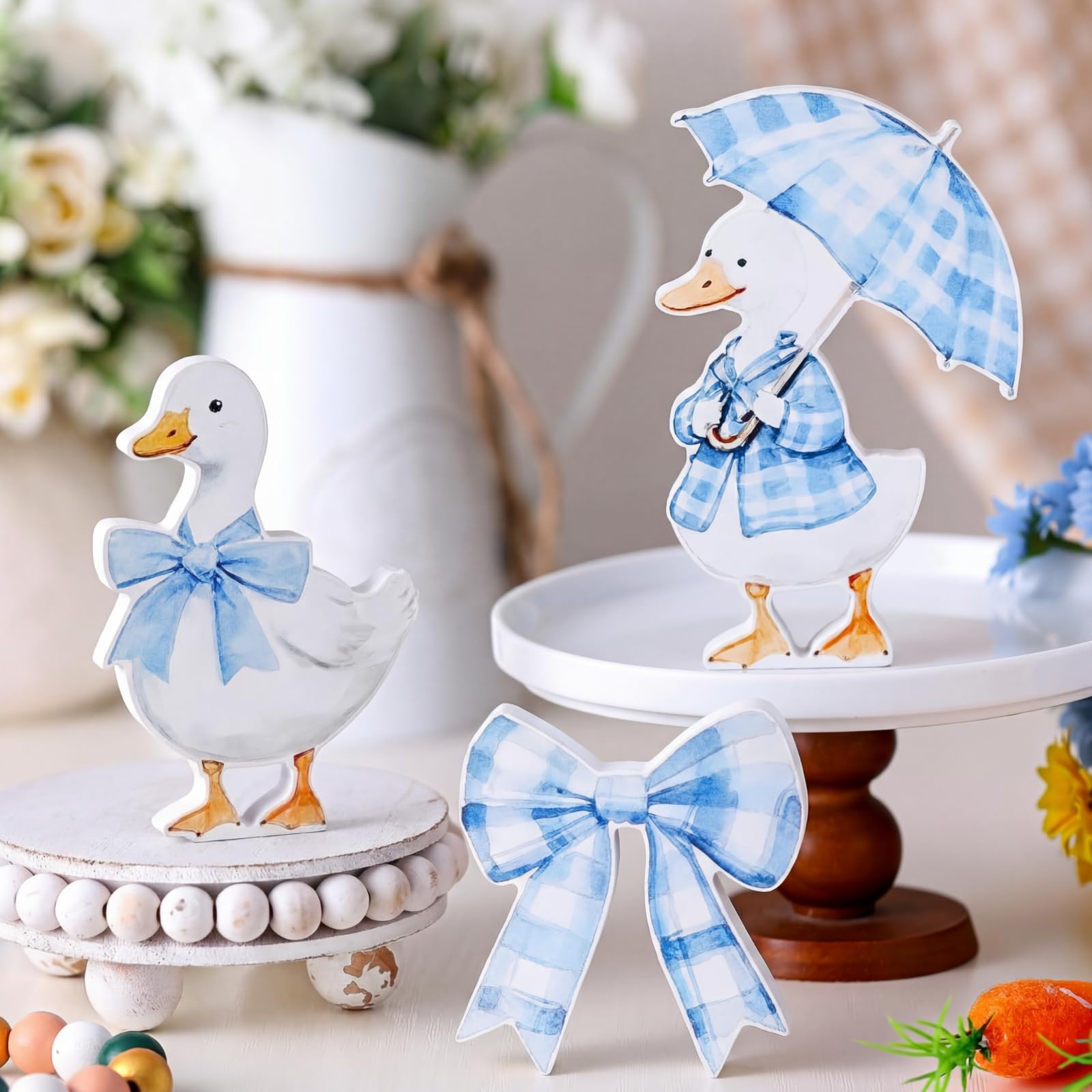 Décoration oie en bois avec nœud bleu lot de 3 pour table et centre de fête d'anniversaire