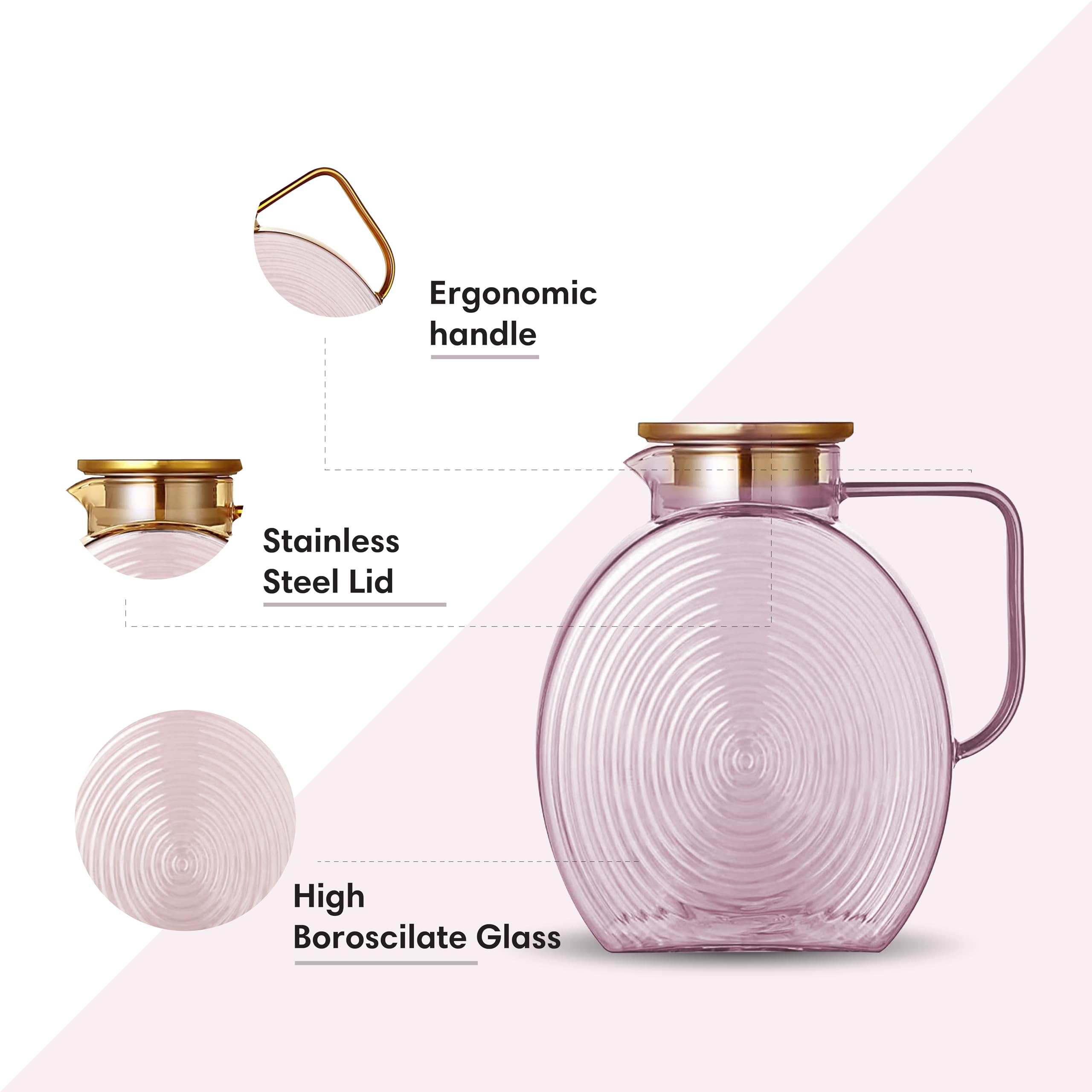 Charbrew Brocca in vetro borosilicato rosa da 2,5 l, con coperchio, caraffa a costine per acqua, succhi, tè freddo, birra fredda e cocktail, caraffa con manico adatta alla porta del frigorifero (serve