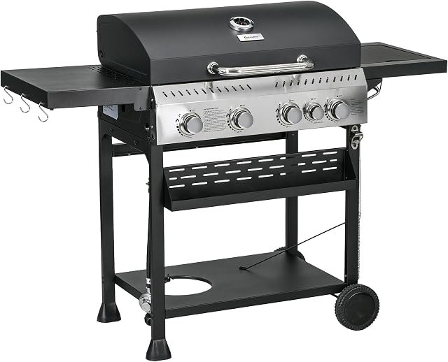 Outsunny Propane Gas Grill with 4 Main Burners, 1 Side Burner, 40,000 BTU Outdoor BBQ Grill Cart with Wheels, Warming Rack, Shelves, Thermometer, Bottle Opener, Black