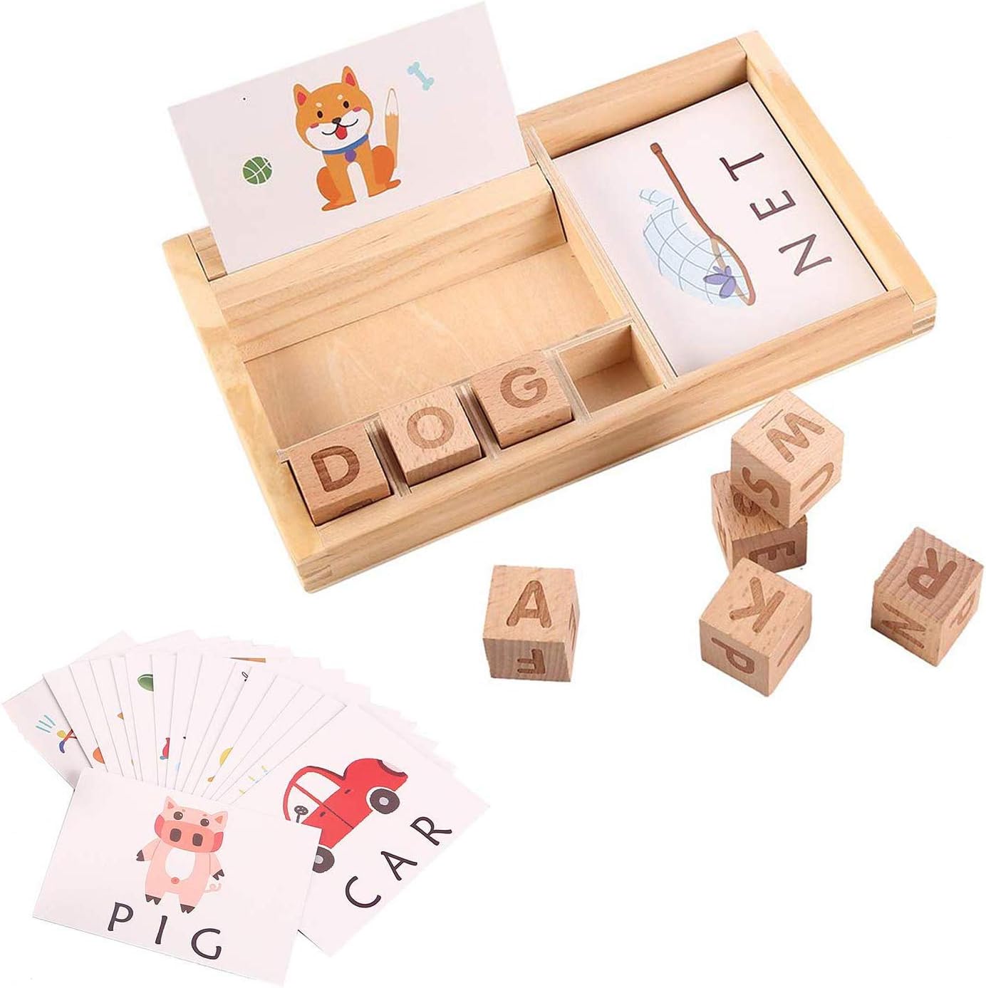 Jacootoys Matching Letters Game, Wooden Blocks Spelling Toy with Flash Cards, Montessori Alphabet ABC Learning Educational Words Puzzle for Preschool Kids Boys Girls 3 4 5 Years Old