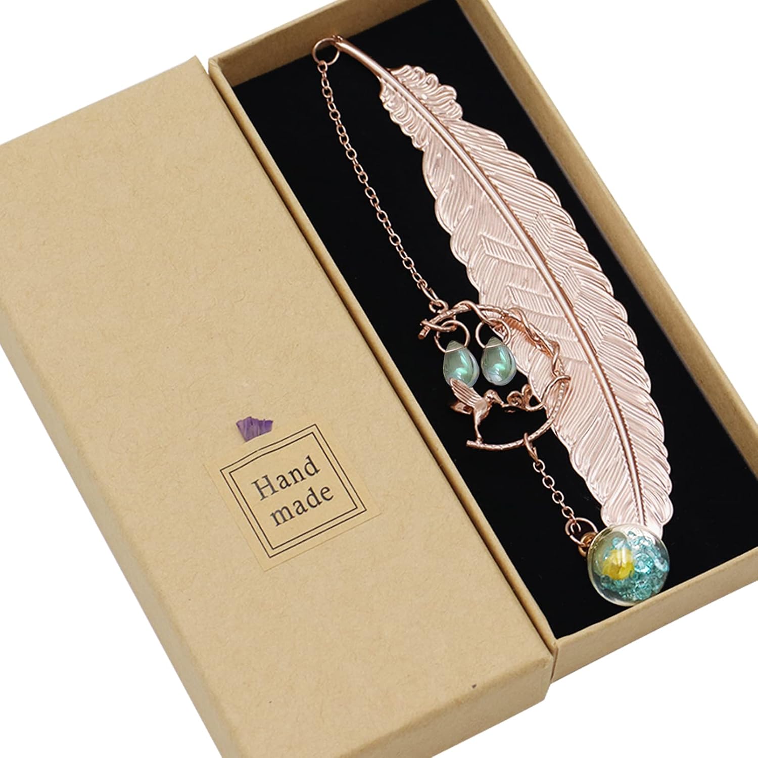 Metal Feather Bookmark with 3D Hummingbirdand and Glass Beads Pendant, Handmade Vintage Bookmark with Gift Box
