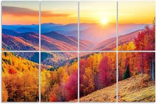 8 Pack Art Acoustic Panels Sound Absorbing Colorful Mountain Forest Autumn Landscape Trees Ranges Sunset Decorative Soundproof Wall Panels Self Adhesive for Recording Studios Office 48"x32"