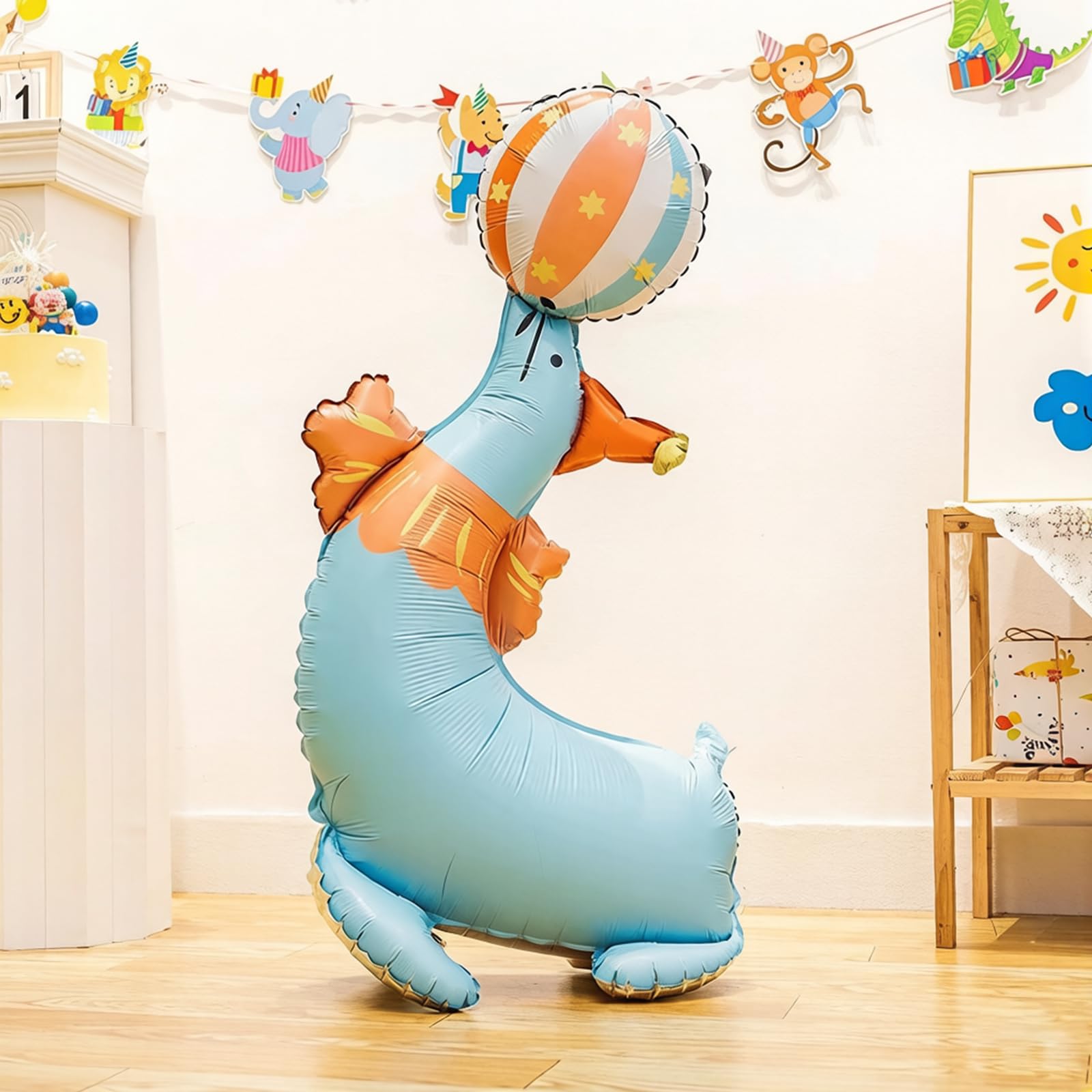 Juego de 5 globos de aluminio de pie con animales de circo, carrusel, león, cebra, león marino, payaso, decoración de fiesta temática de carnaval, para niños, cumpleaños, aula, evento de