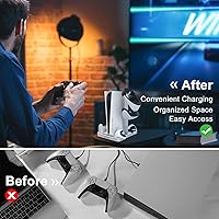 Vista 7 de YOGES Estación de carga para PSVR2 y PS5, soporte de cargador con 2 ventiladores de refrigeración, gafas PSVR2 y soporte para auriculares