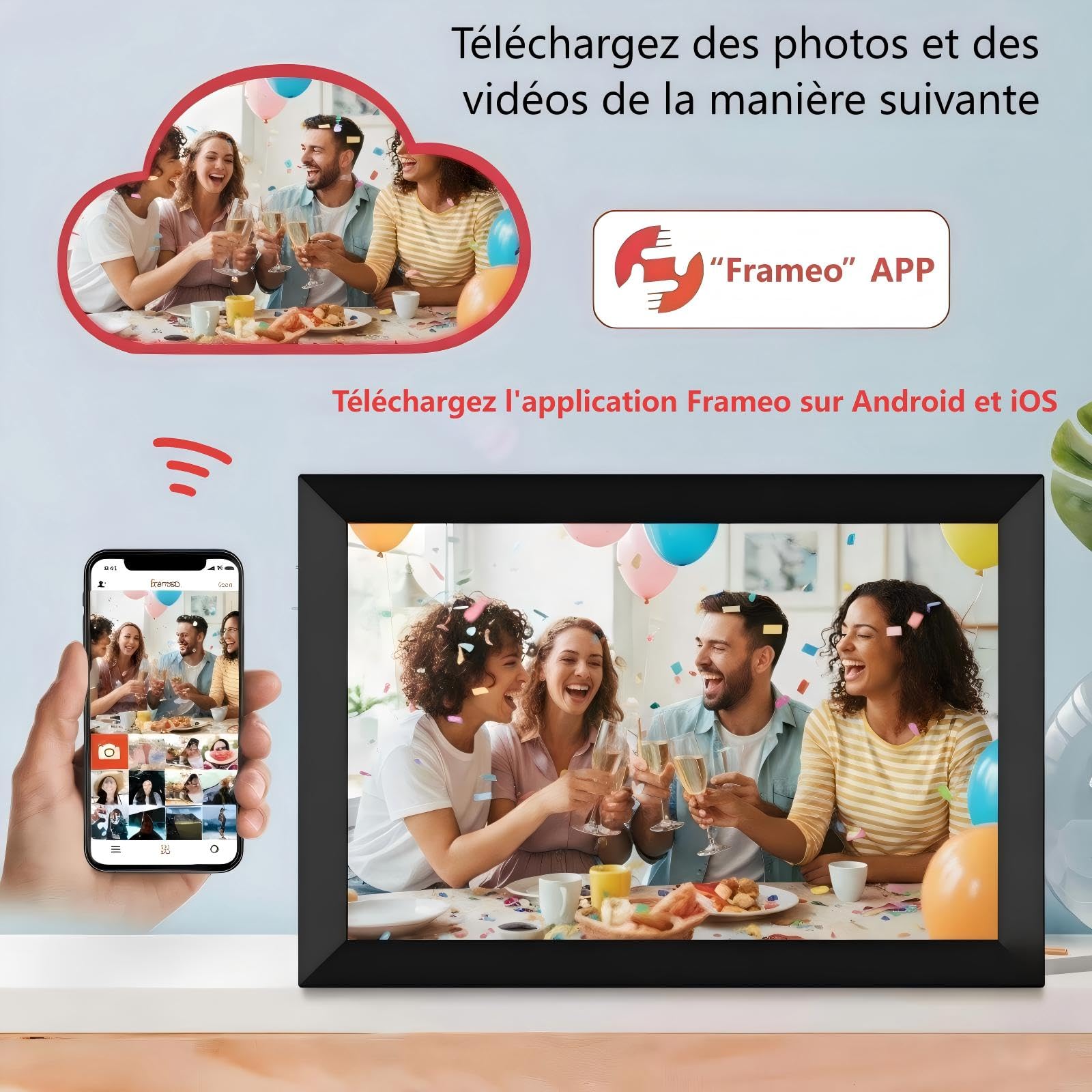 Cadre Photo Numérique WiFi - 10.1 Pouces IPS Écran Tactile Smart Cloud Connecté avec 32Go Espace, Partagez Instantanément des Clips Vidéo et Photos Via l'application Frameo,Rotation