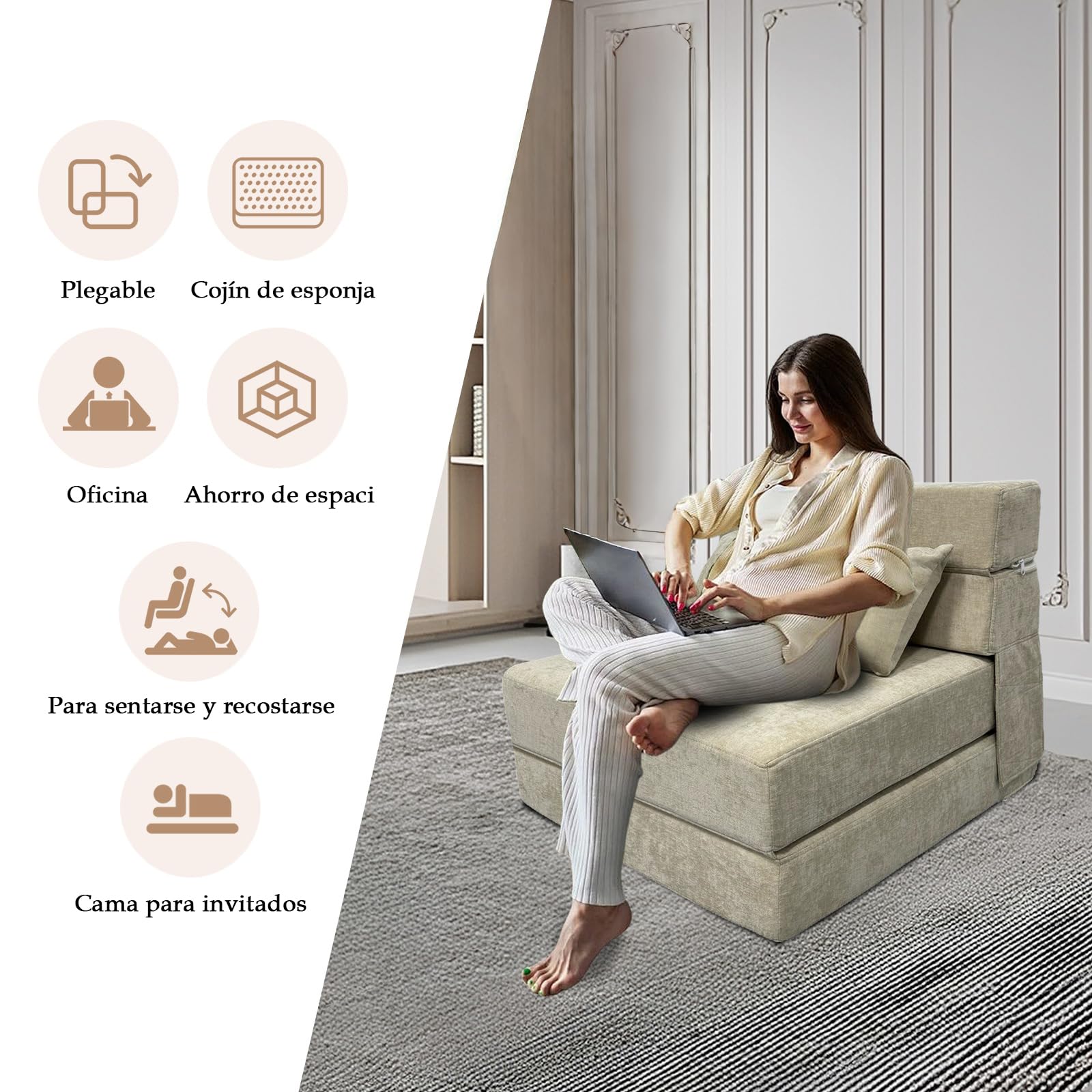 ANONER Sofá Cama Plegable 4 en 1, Beige