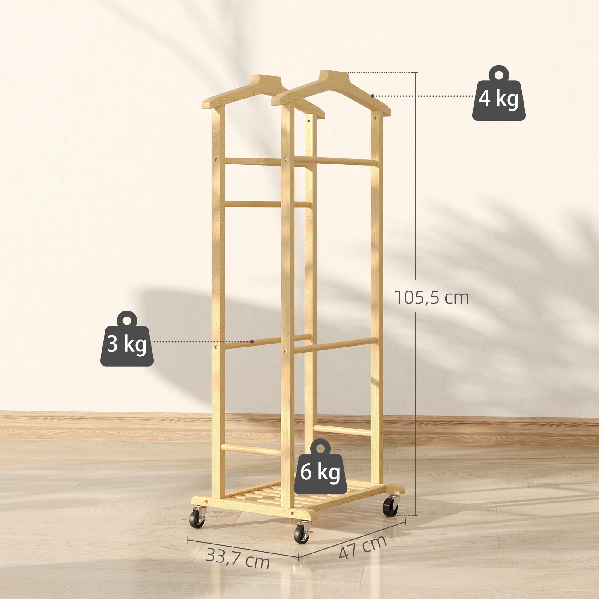 HOMCOM Valet de Chambre à Roulettes Bambou Double Cintre Bois Naturel | Portant à Vêtements, Tige à Pantalons, Plateau à Accessoires, Étagère, Porte-Manteaux, Chambre, Buanderie