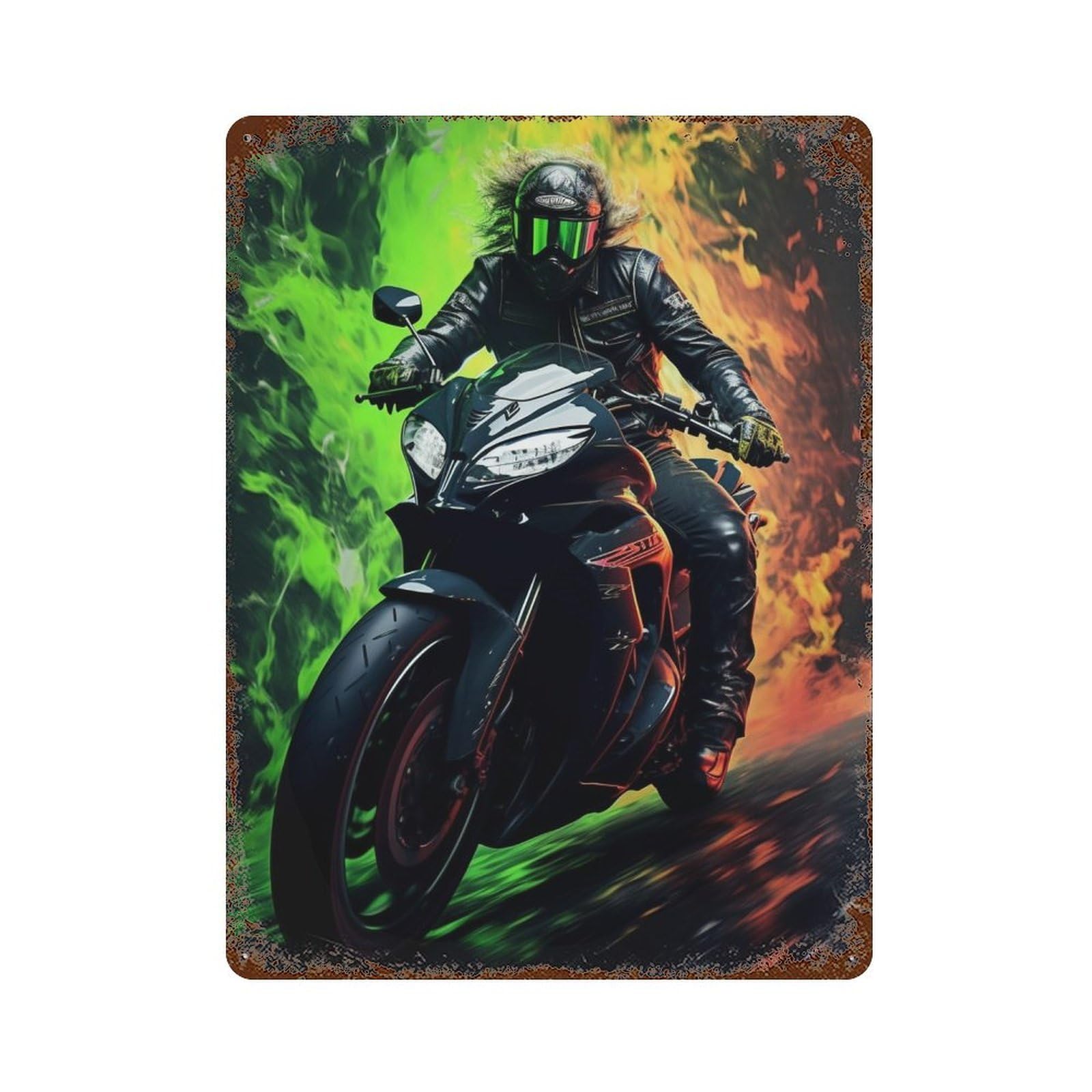 Vintage Rust Metal Sign Motorcycle Rider in Flames 15.7"x11.8", Old School Wall Decor for Office, Studio And Wall Decor