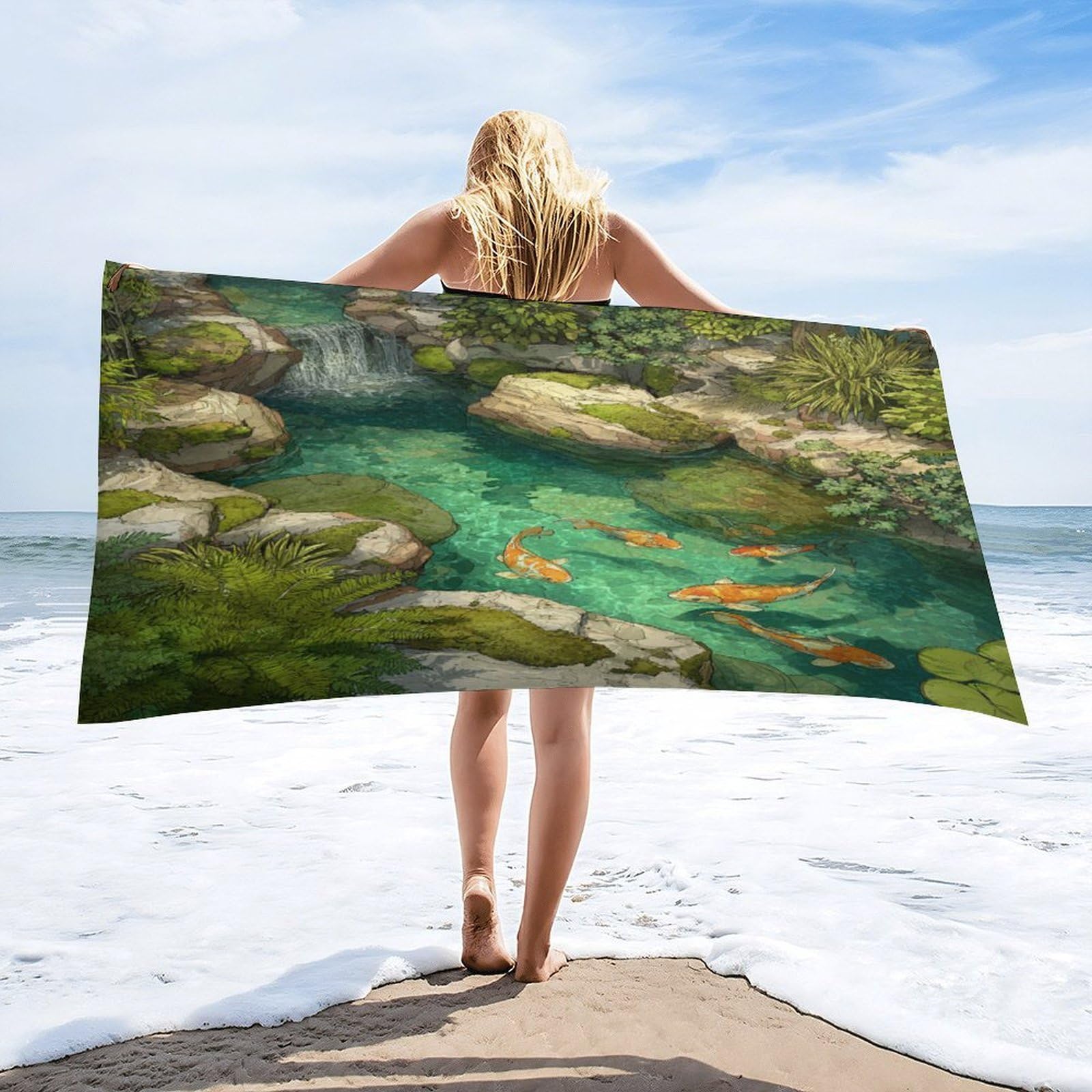 Luyysky Vintage Natural Japanese Fish Quick-Drying Beach Towel, Classic Abstract Waterfall Plant Lotus Leaves Animal Fish Travel Vacation Single Sided Pile Bathroom Towels-80 W Cm X 160" L Cm