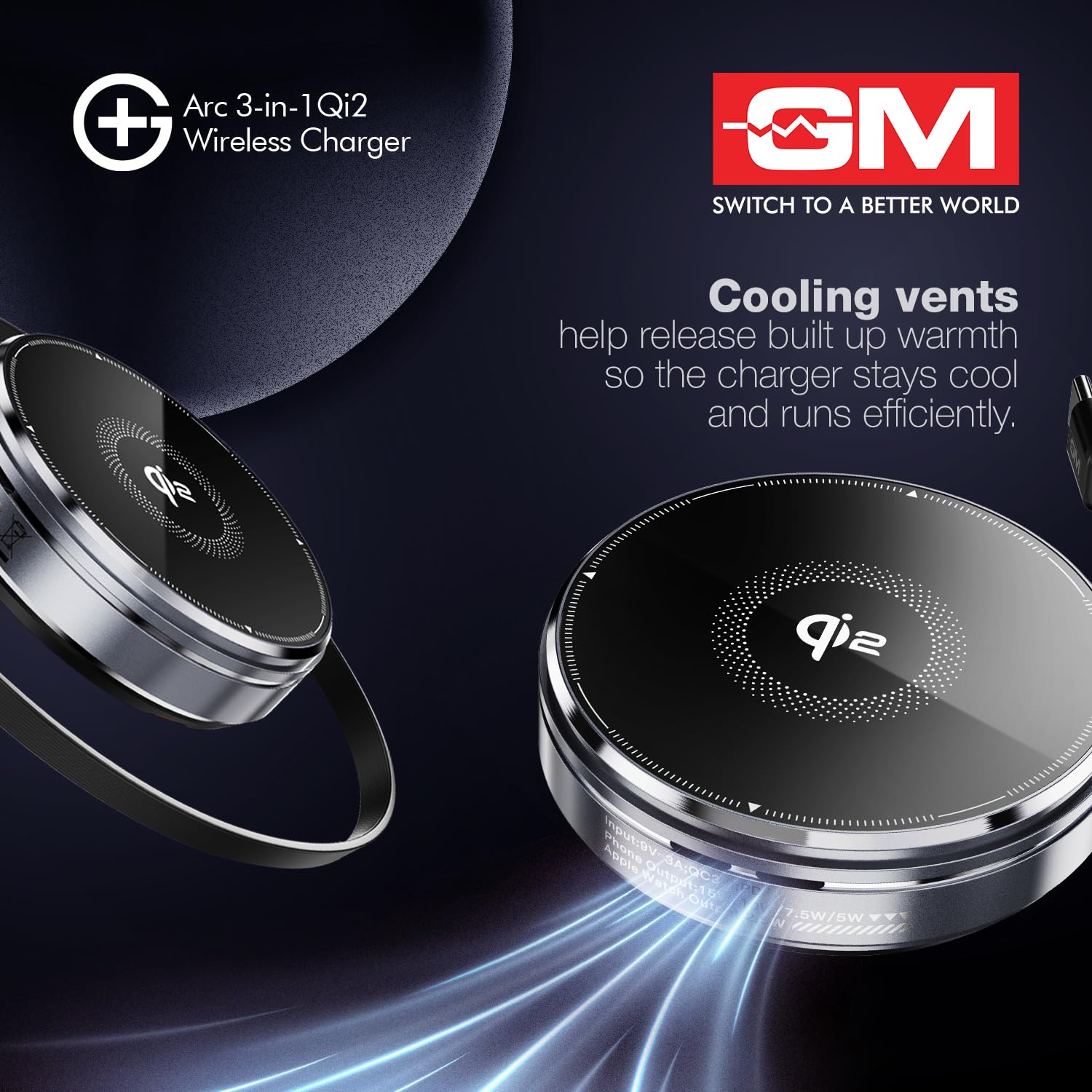 GM G+ Arc Qi2 3-in-1 Wireless Charger | 15W Fast Charge iPhone 12 and Above, All Apple Watch & AirPods Series, | 90cm Built-in Retractable Cable | Pocket-Friendly Foldable Stand (Glossy Black) — Amazon image 8