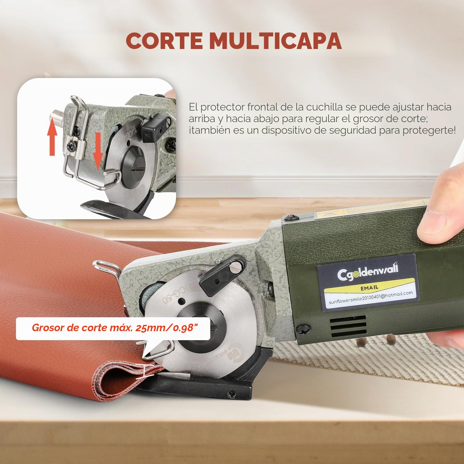 CGOLDENWALL Cortador Tela Electrico YJ-50, Cuchilla 50mm, Textil Cuero | 2400RPM, 20mm Grosor Max de Corte, Cuchilla Repuesto, Industrial, 220V