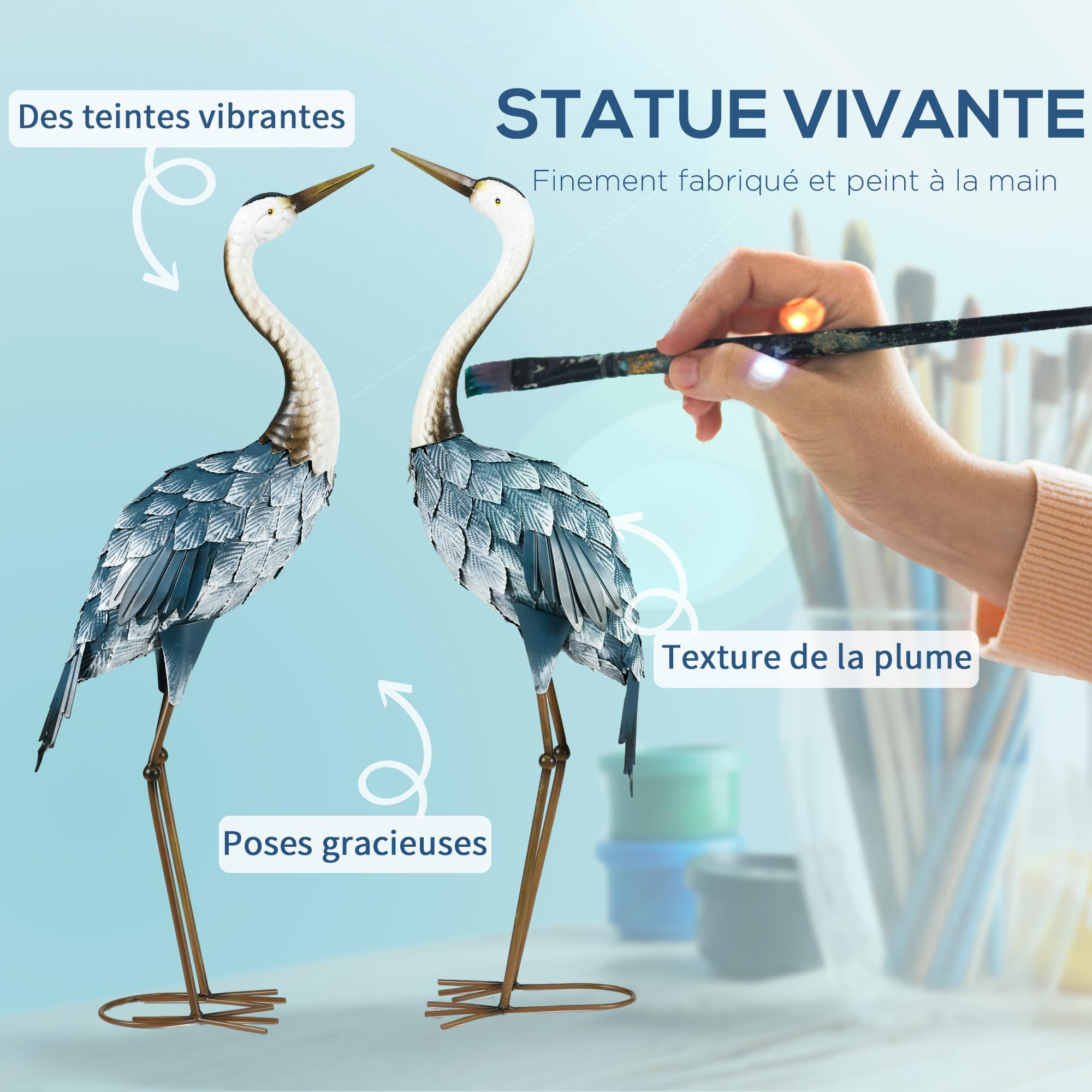 Outsunny Lot de 2 Statues de Jardin Sculpture Grue Oiseau 72,5 à 74 cm