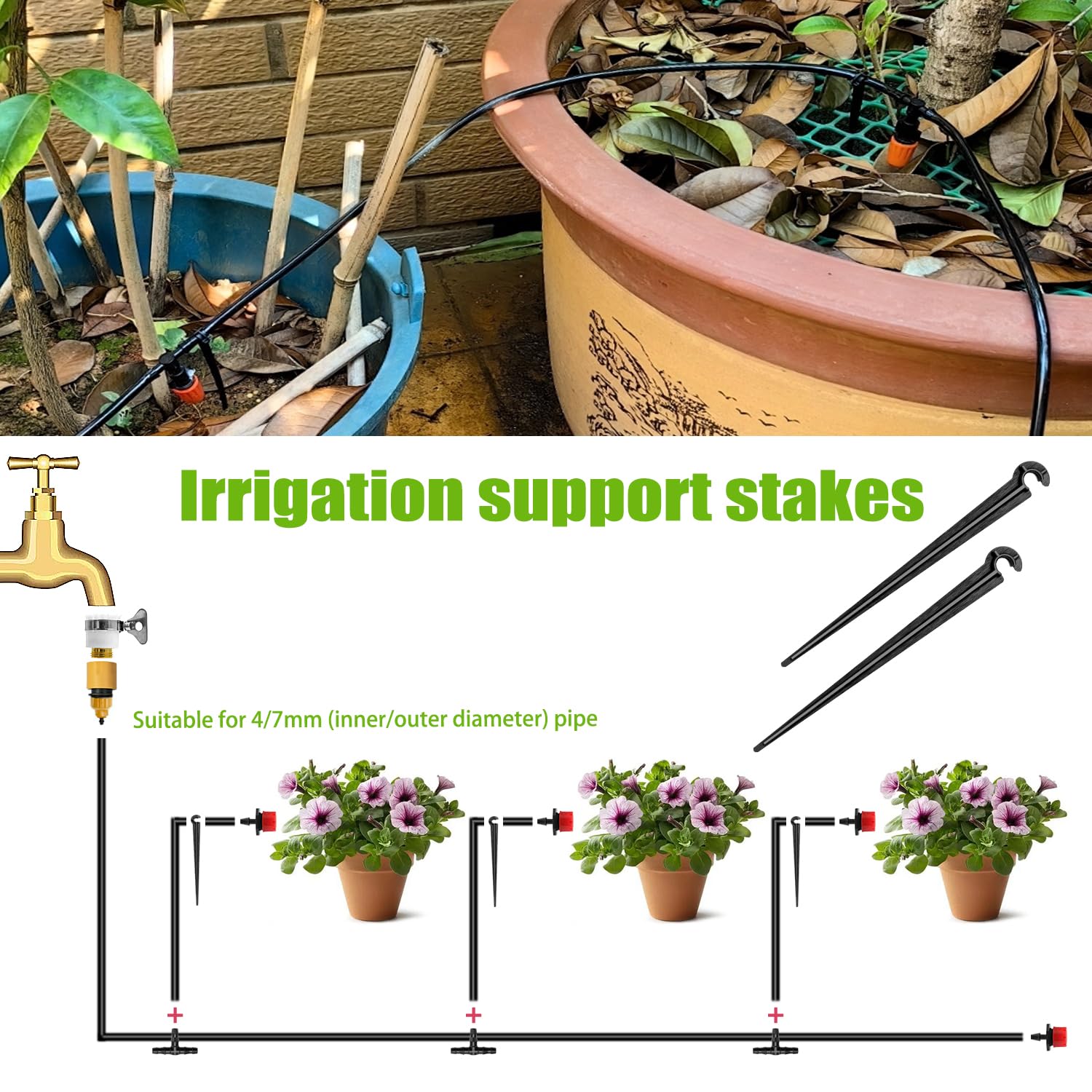 VooGenzek 100 Piezas Estacas de Apoyo para Riego por Goteo, Soporte Tubo Riego Piquetas, Estacas para Manguera de Riego, para Manguera de 4/7mm, para Huertos, Plantas o Macizos de Flores