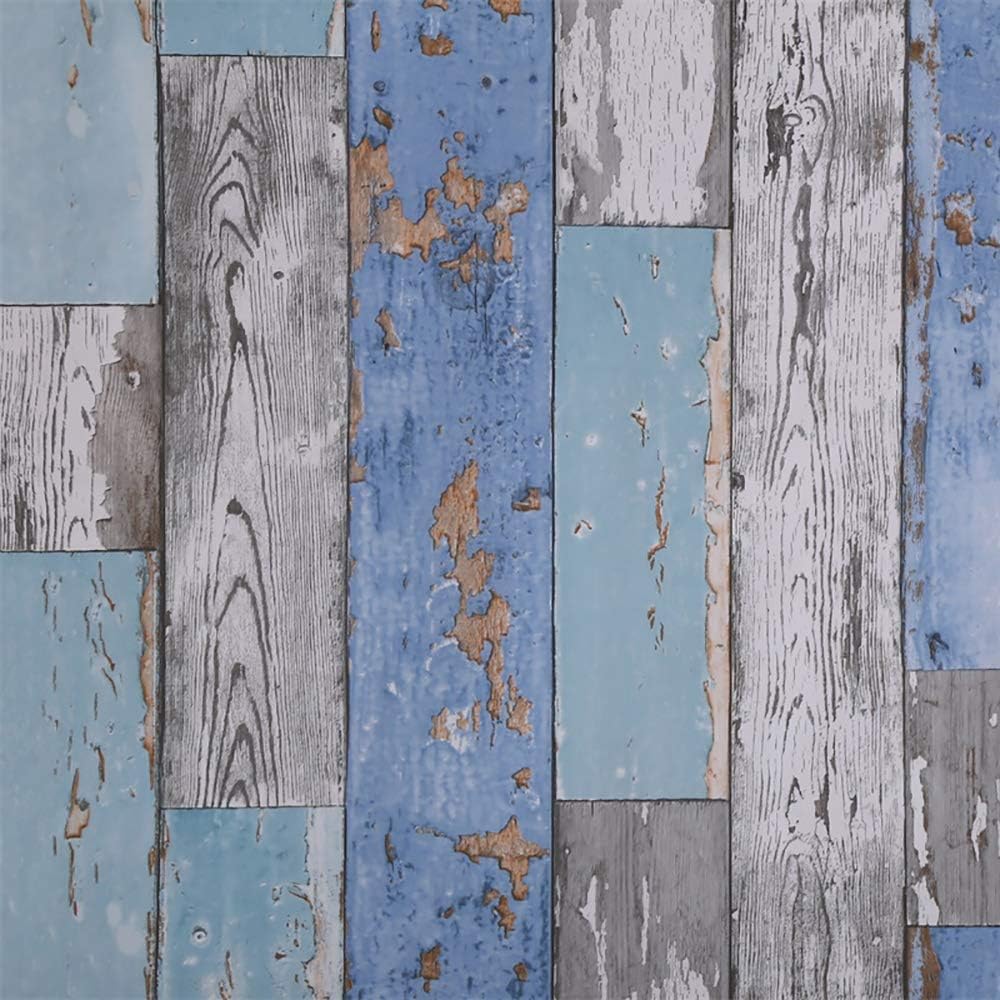 Dundee Deco AZ-W0447 Distressed Wood Blue, Teal, Grey Planks Peel and Stick Self Adhesive Removable Wallpaper