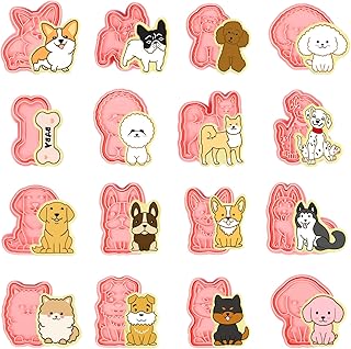 Guiqulai 16 Pcs Dog Cookie Cutters Set, Dog Bone Cookie Cutter for Treats Shapes Baking Plunger Stamps, Animal Dog Theme C...