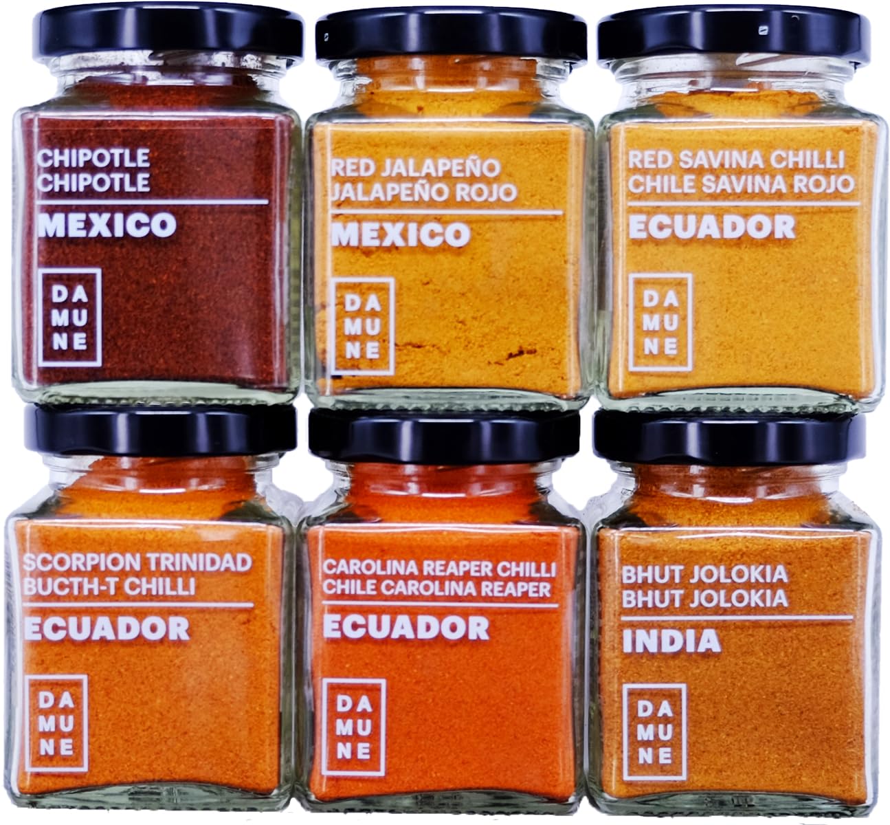 DAMUNE Chiles del Mundo (45g/Tarro): Carolina Reaper Molido, Bhut Jolokia Molido, Scorpion Trinidad Butch T Molido, Savina Rojo Molido, Chipotle Molido & Jalapeño Rojo Molido