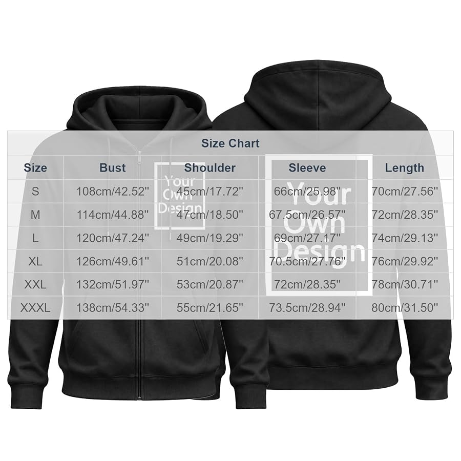 Personalised Hoodie Custom Zip Up Hoodies Printing Jacket Front and Back | Customised Sweatshirts, Full Zip, Design Your Own, Customisable Hoodie, Printed with Photo Logo Text Black XL, image 3