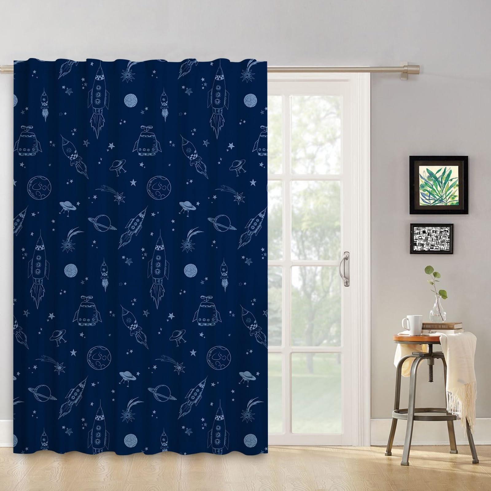 ggaimwf Space Curtains for Kids Rocket Galaxy Planet Navy Blue Space Themed Bedroom Accessories Window Door Curtains for Boys Baby Nursery Playroom Room Divider Rod Pocket Curtain 117x175cm 1 Panel - Image 3