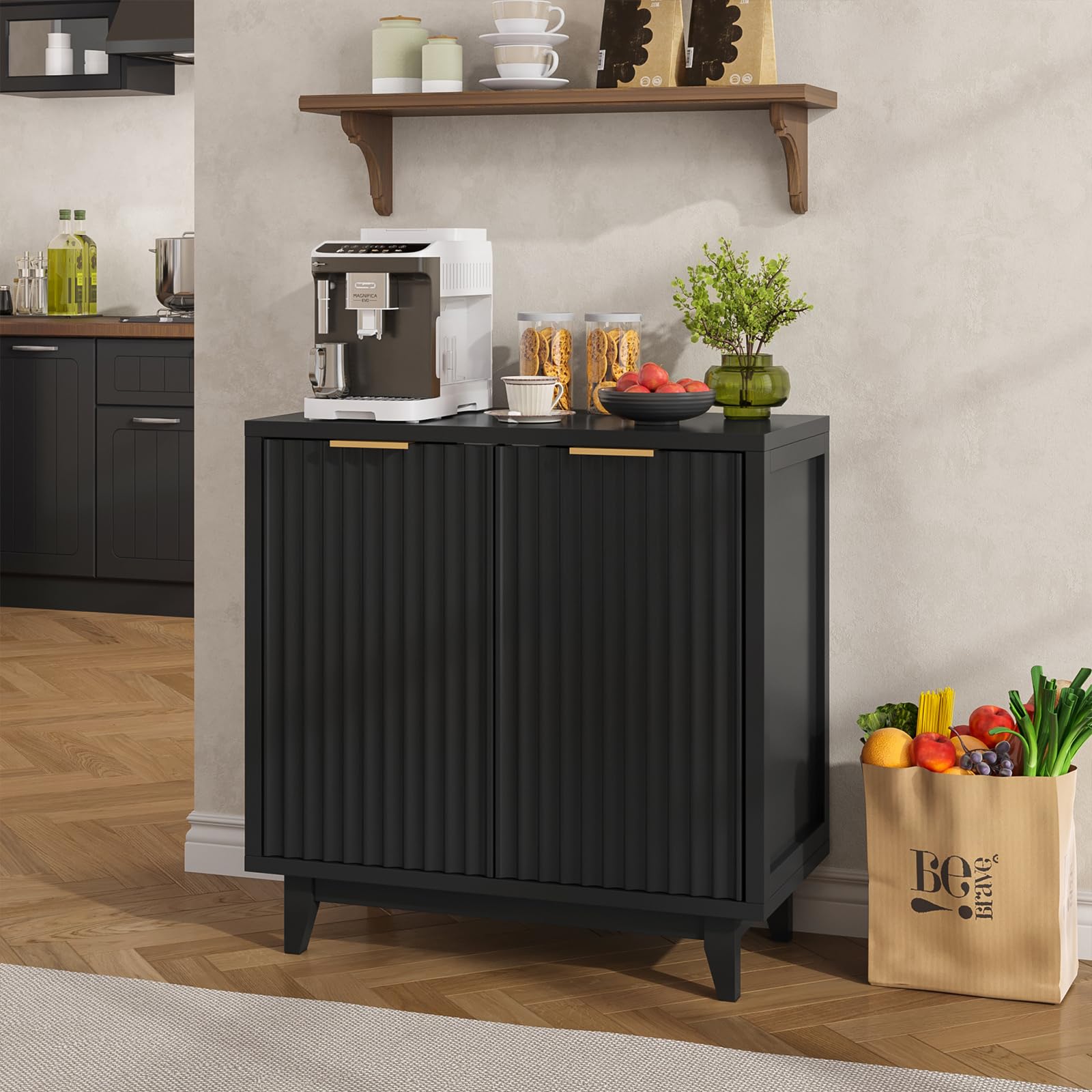 Vabches Modern Fluted Buffet Cabinet with Storage, 31.5" W Sideboard with Solid Wood Legs and Adjustable Shelf, Black Accent Cabinet for Kitchen,