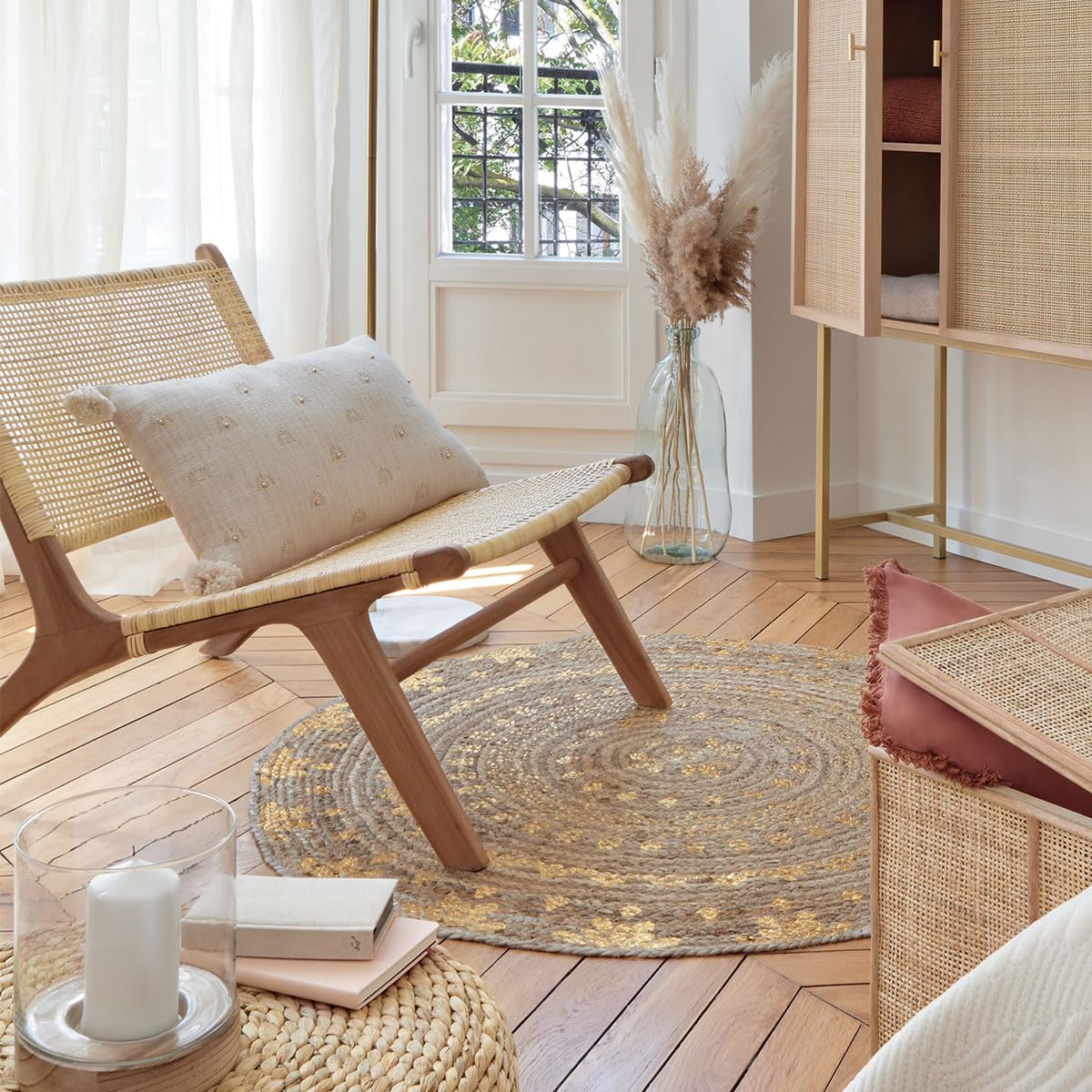 Atmosphera - Tappeto Rotondo, in Iuta con particolari dorati, Diametro: 115 cm, Jute/Doré, cm