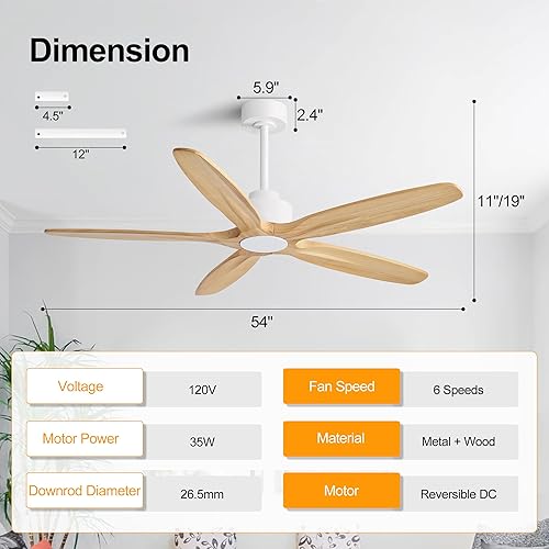 Miniatura 3 de WINGBO Ventilador de techo de 54 pulgadas sin luz, 5 aspas de madera maciza tallada, motor CC reversible de 6 velocidades, ventilador de techo con