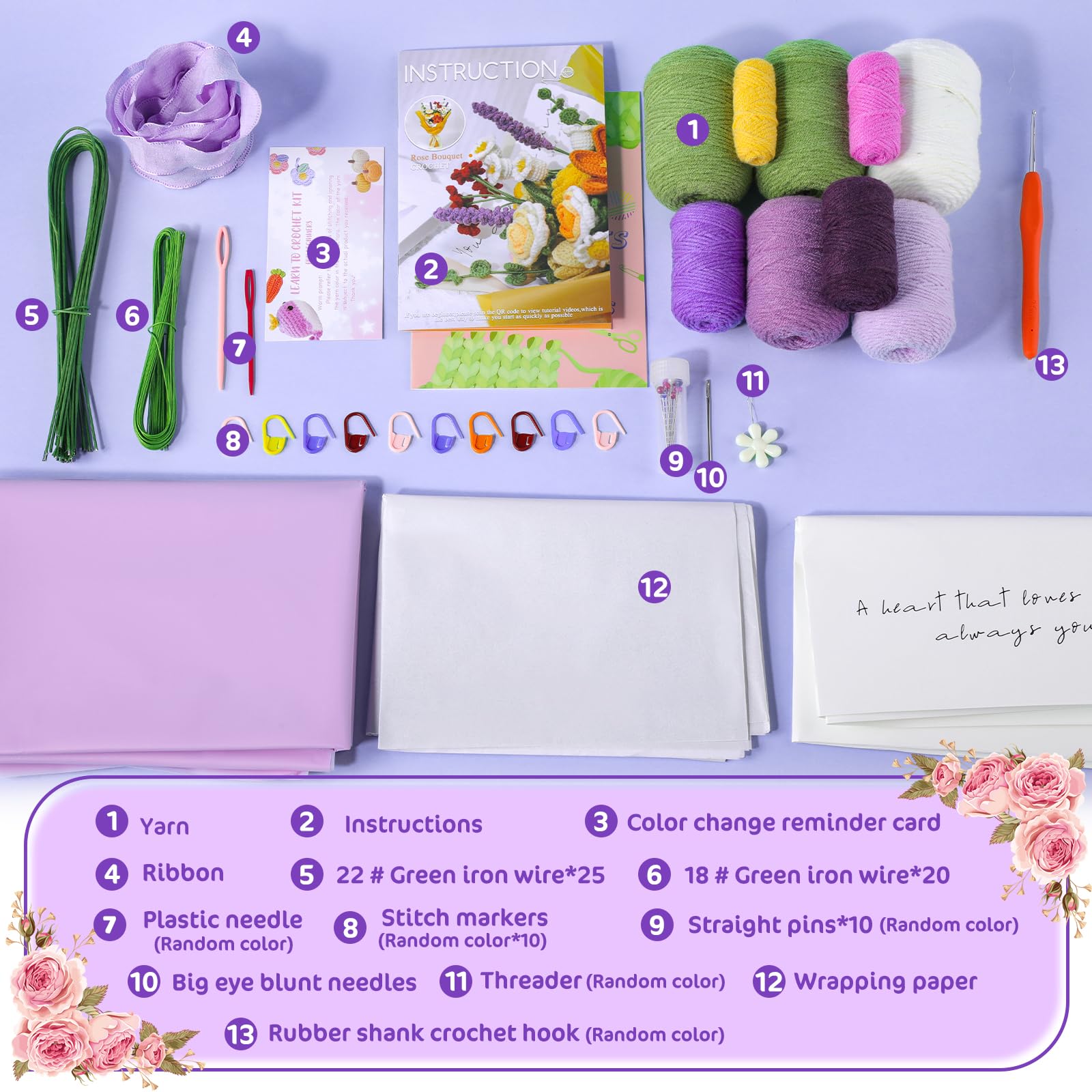 Beginner Crochet Flower Bouquet Kit - Purple Roses -2