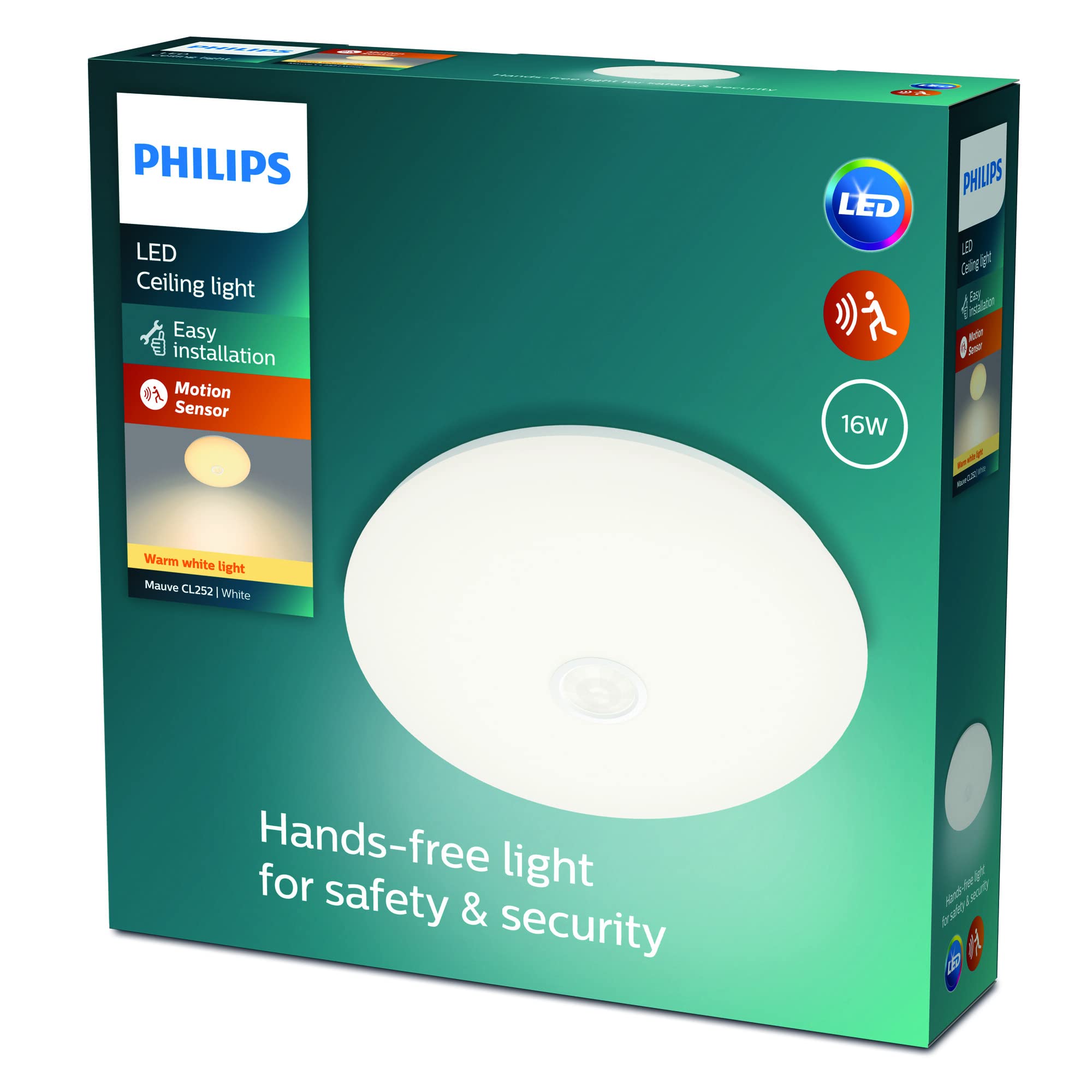 PHILIPS Plafoniera LED malva con sensore di movimento 16 W 2700 K [luce calda-bianca] per illuminazione interna di casa, soggiorno, camera da letto e sala da pranzo