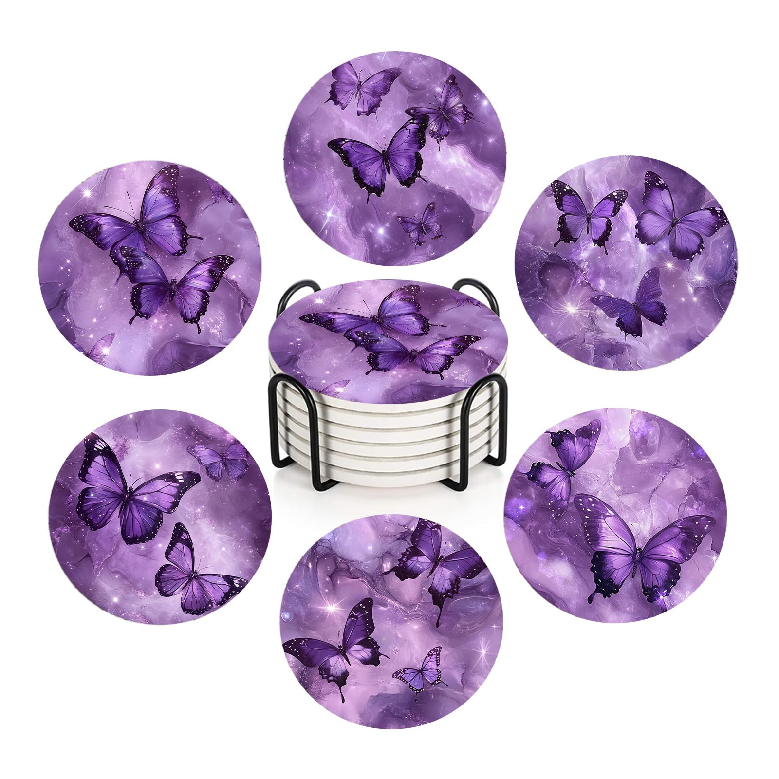 ubcindy Purple Butterfly Galaxy Marble Coasters Set of 6 for Drinks,Round Absorbent Ceramic Coaster with Metal Holder,Luxury Purple Marble Coasters