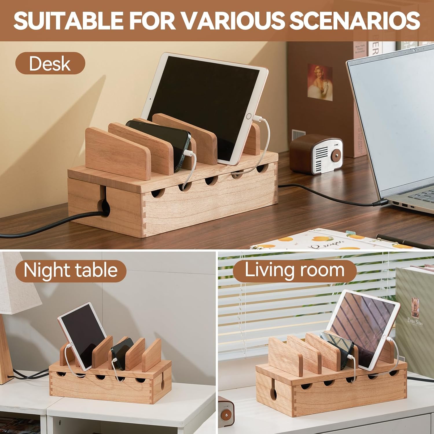 KIRIGEN Wood Charging Station Rack Organizer for Multiple Devices Desktop Organizer with 5 Ports for Cell Phones, Tablets, Earphones Wooden Cable Management DDXH-NA Natural image 3 of 7 B0DCMLZCBD