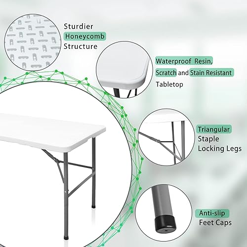 Miniatura 6 de HQTrailTrekker Mesa plegable portátil de plástico de 4 pies, mesa de comedor plegable por la mitad, mesa plegable resistente para interiores y