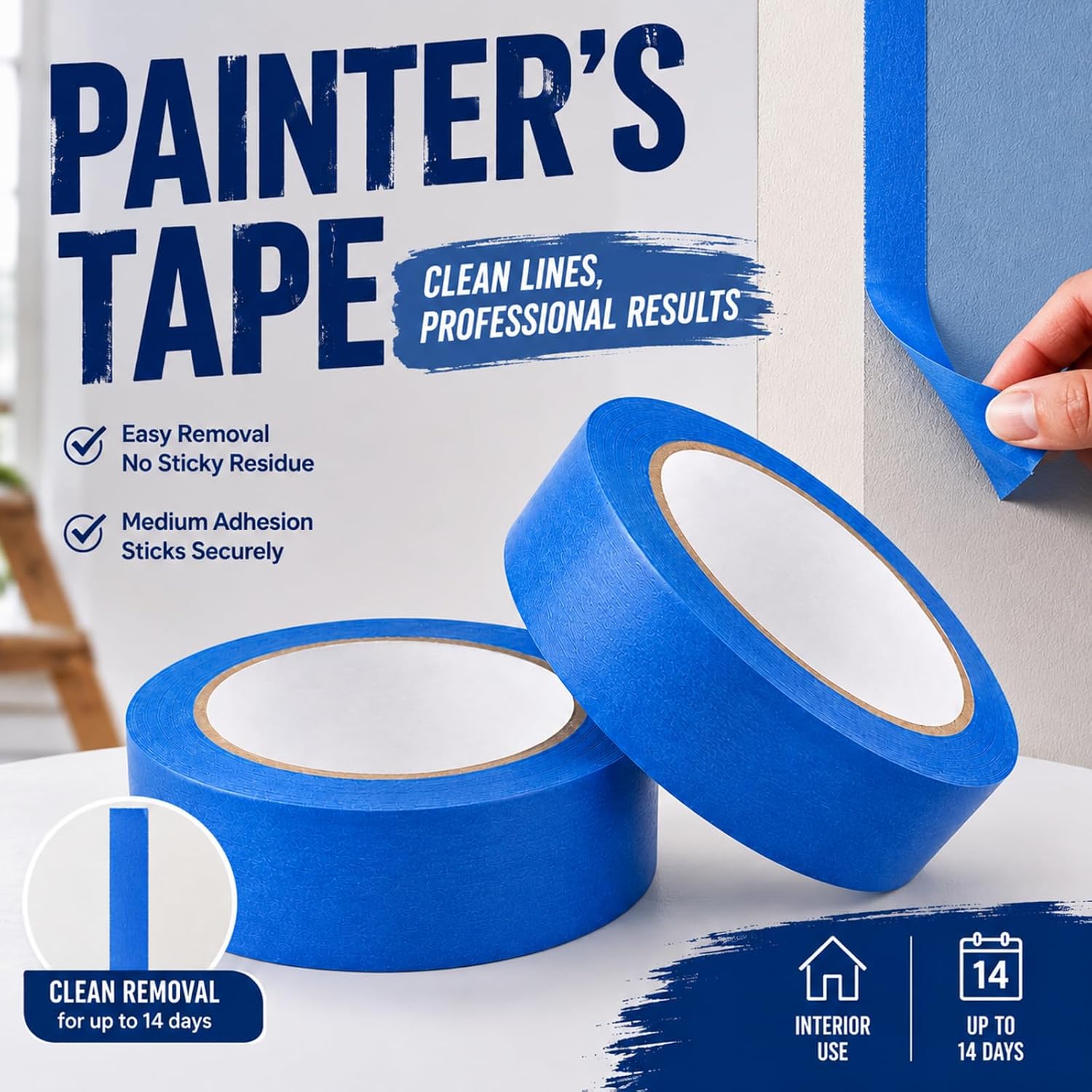 Painters Tape, 1.89 in x 55 Yd Blue Painters Tape 2 Rolls, Masking Tape for Painting, Clean Lines and Easy Removal, Blue Masking Tape for Walls, Glass, Wood, Furniture & DIY Projects