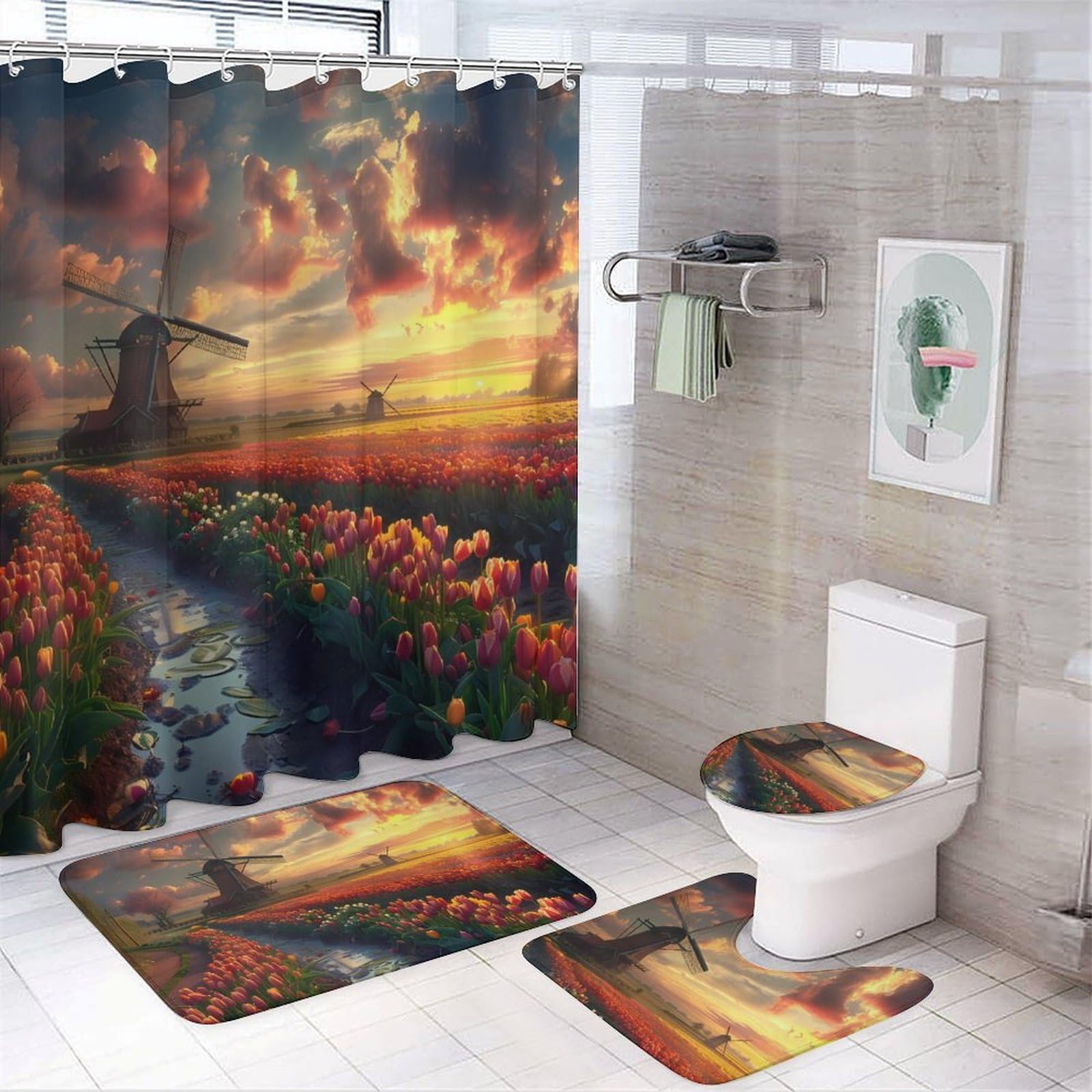 CGSBNGHA Vibrant Tulips Field with Dutch Windmills Shower Curtain Set 4 Piece Bathroom Sets with Rugs Toilet Lid Cover And U-Shaped Floor Mat