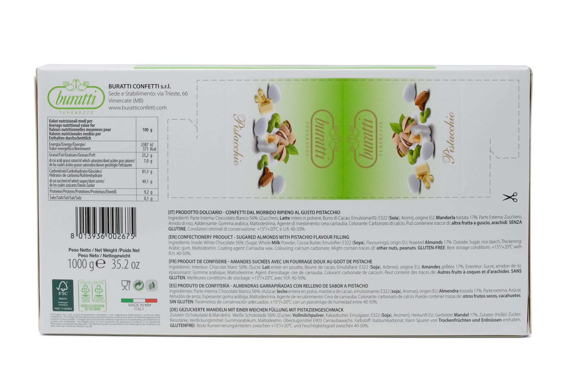 Buratti Confetti Tenerezze Sabor A Pistacho Blanco Almendras Recubiertas De Chocolate - 1 kg