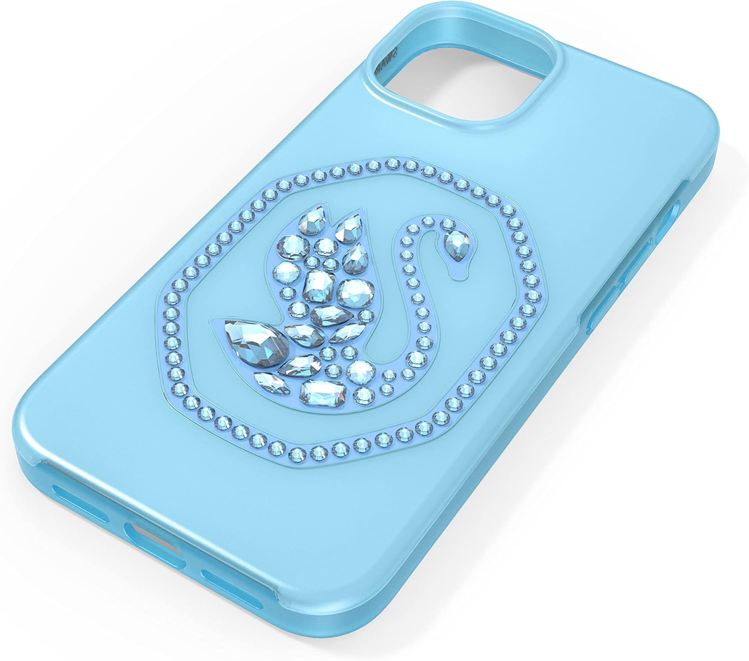 Swarovski Signum Phone Case for iPhone 14 with Blue Crystals, Blue Background Swan Motif, Part of The Signum Collection