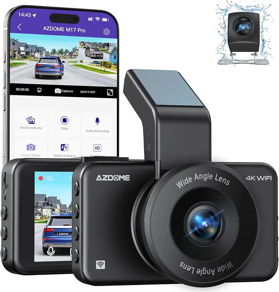 AZDOME Câmera veicular M17 Pro 4K frontal e traseira, modo de estacionamento 24H