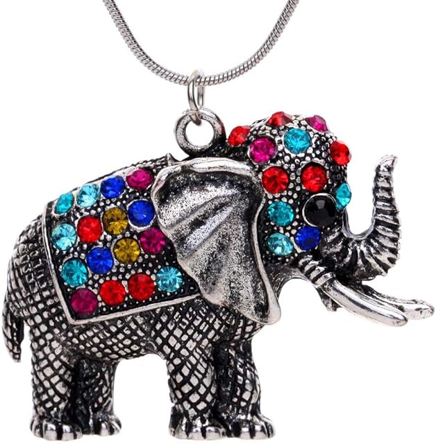 YAZILIND Tibetan Silver Colorful Crystal Cute Elephant Pendant Necklace