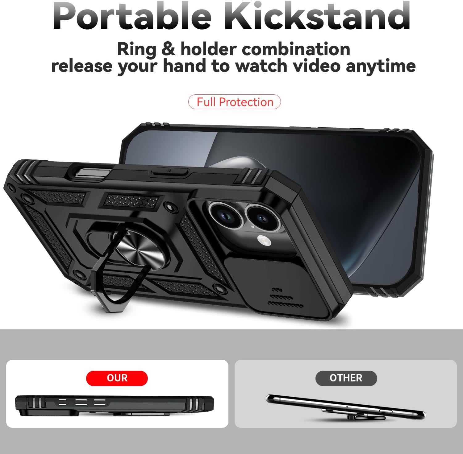 for iPhone 17 Case, with Slide Camera Cover HD Screen Protector [Military Grade 16ft. Drop Tested] Ring Holder Kickstand Protective Phone Case for Apple iPhone 17, Black