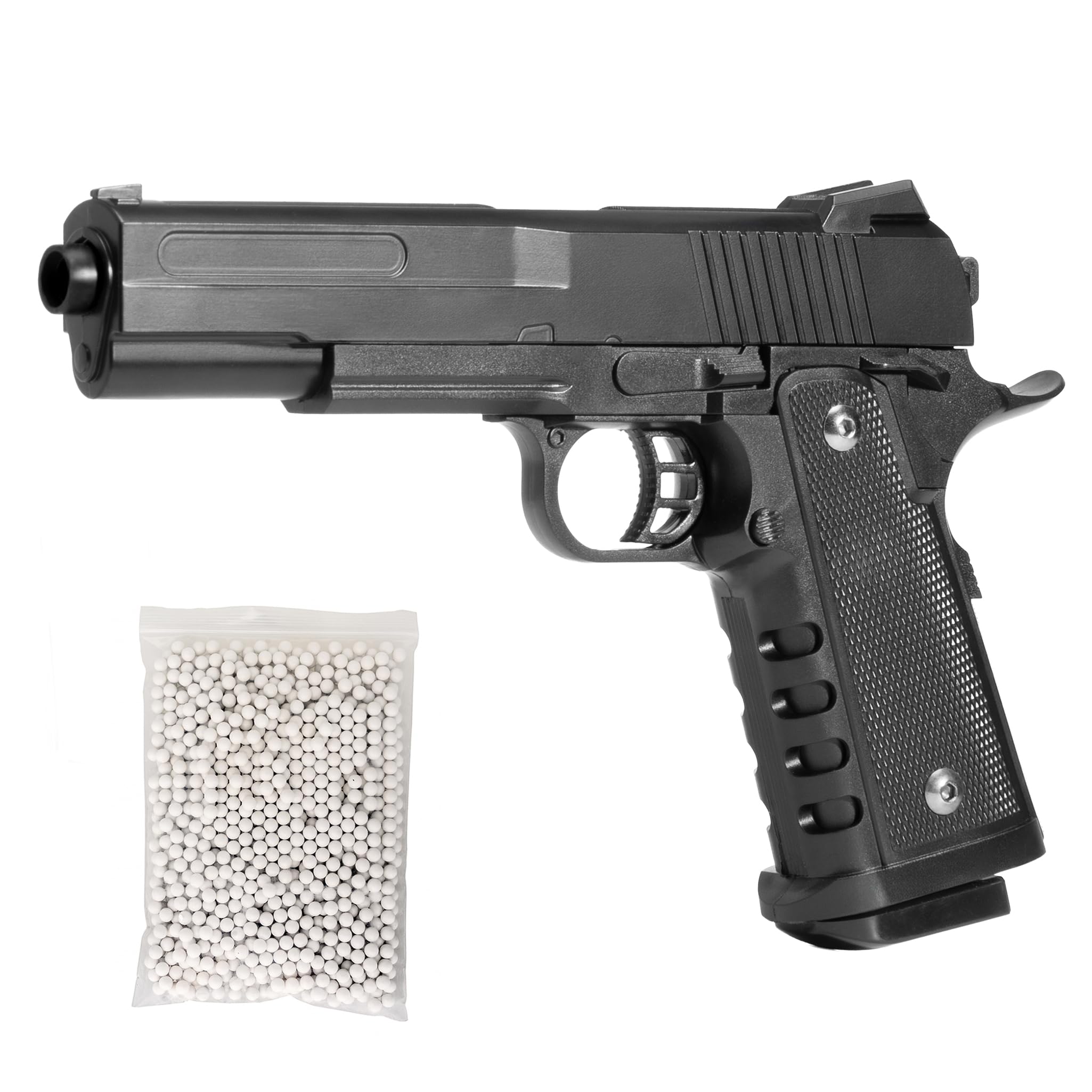 Pistola softair a molla Vigor V304, plastica, POTENZA 0,9 JOULE, caricatore 12 colpi, colpo singolo, 235x155x33mm 360g, bundle 1000 pallini calibro 6mm inclusi