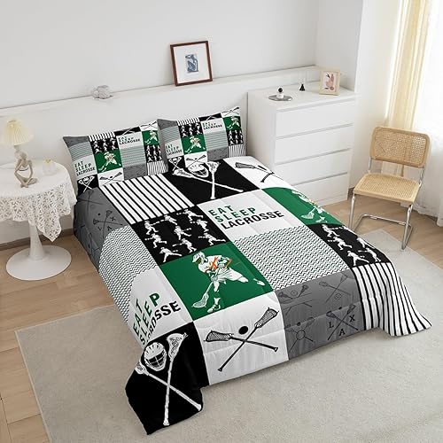 Miniatura 4 de Erosebridal Eat Sleep - Edredón de lacrosse para niños, jóvenes y adultos, ropa de cama matrimonial de jugador de lacrosse, juego de edredón con