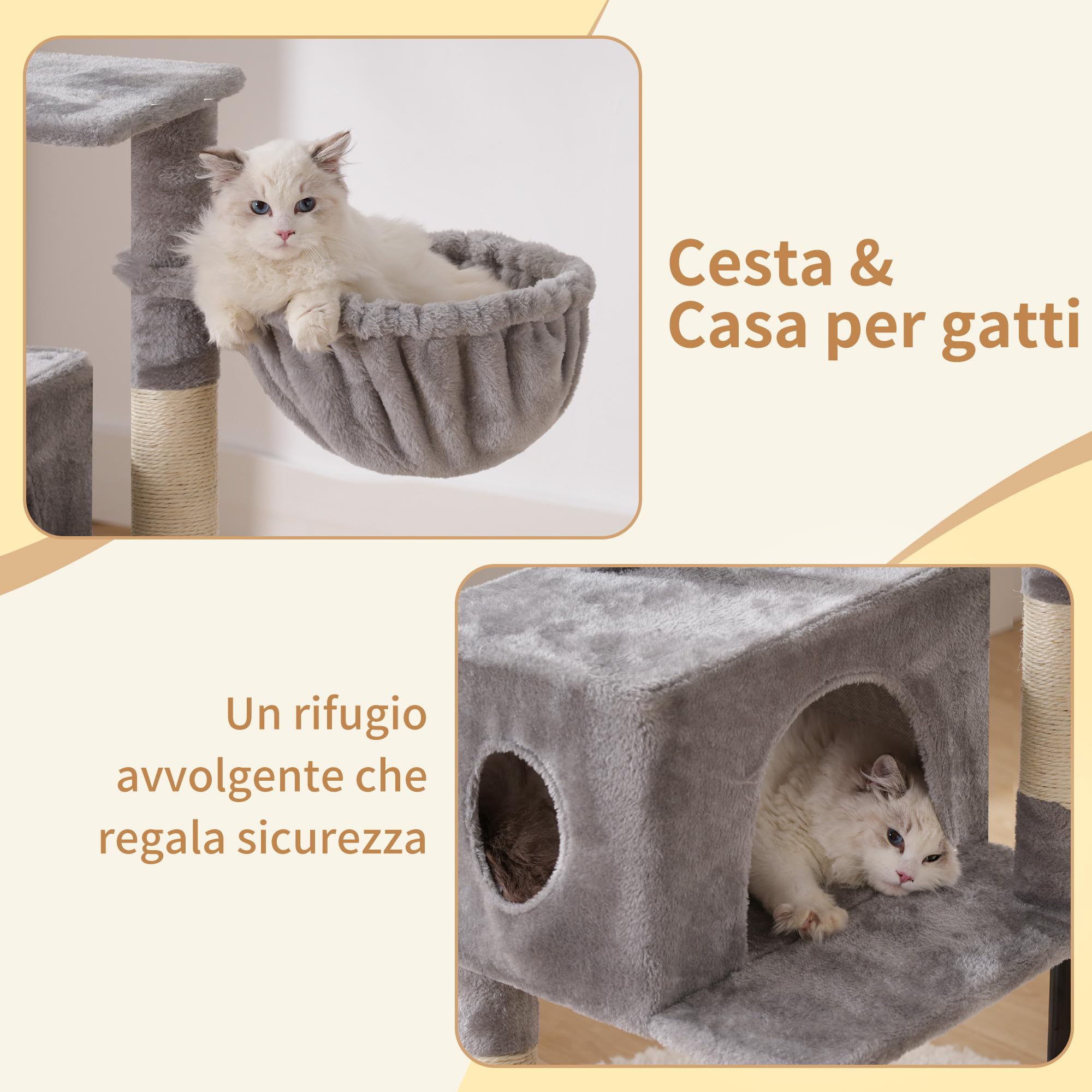 Heybly Albero Tiragraffi Per Gatti Alto 125 cm, Torre Per Gatti Spaziosa E Confortevole Con Tana, Due Ampie Piattaforme, Tiragraffi In Sisal, Cestino, Robusti Tubi In Acciaio, Grigio Chiaro HCT200SW-