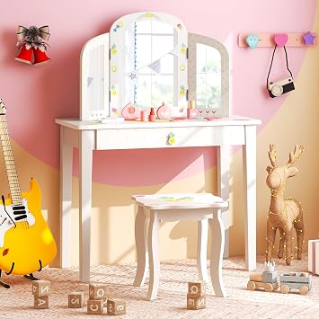 Costzon Kids Vanity, Girls Vanity Set with Tri-Folding Mirror, Stool, Storage Drawer, Princess Toddler Makeup Vanity Desk Dressing Table, Wooden Kids Vanity Table and Chair Set (Fruit Pattern)