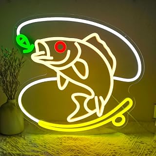 Fishing Neon Sign Dimmable Fish LED Neon Lights for Wall Decor | Fishing Hook Neon Lights for Fishing Gear Store, Man Cave, Yacht, Cabin, Lake House, Gift for Fishermen, USB Powered